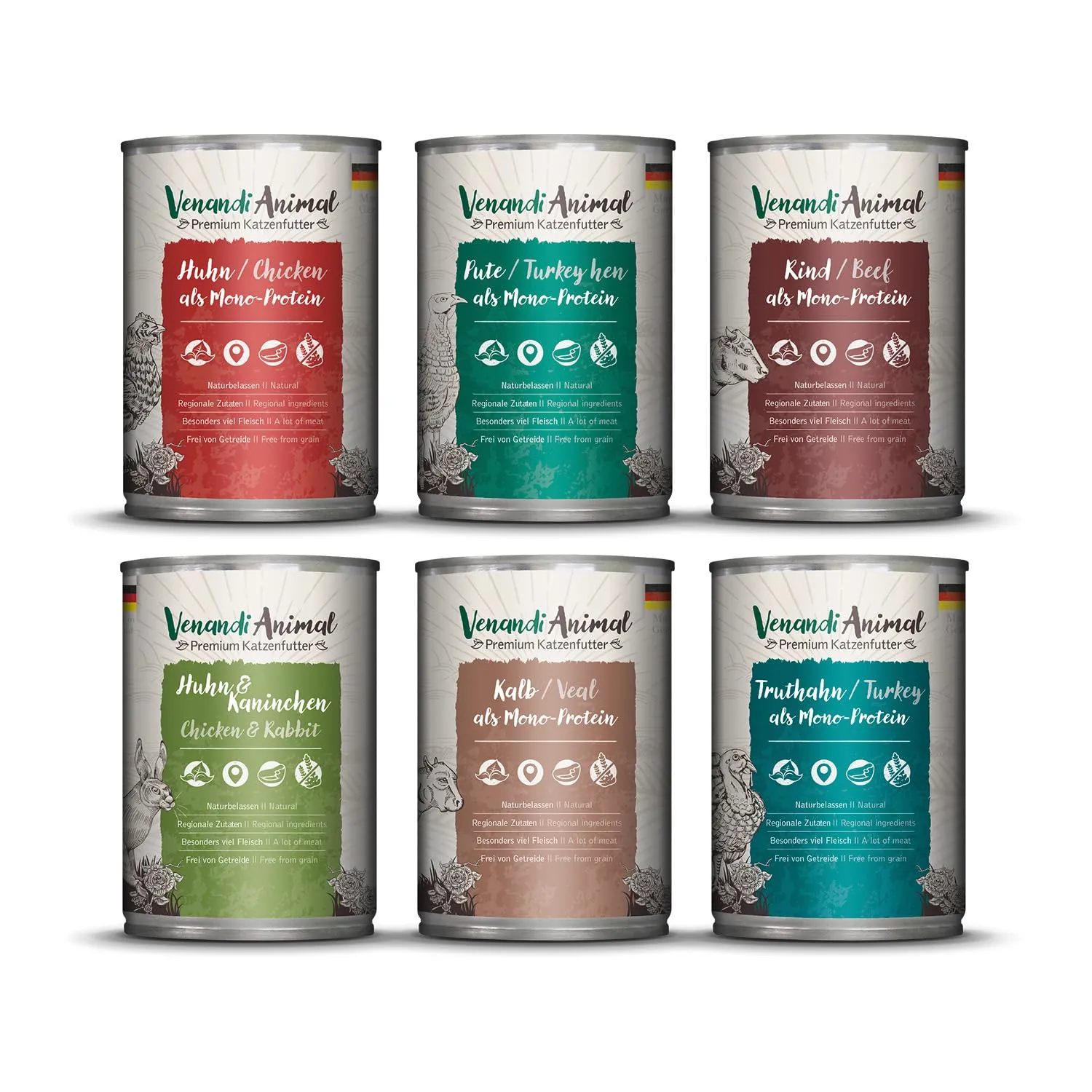 VenandiAnimal Cibo Umido per Gatti, Confezione di Prova III, Pollo, Tacchino, Manzo, Pollo + Coniglio, Vitello, Tacchino, 6 x 400 g, Senza Cereali e Naturale, 2.4 kg - immagine 1
