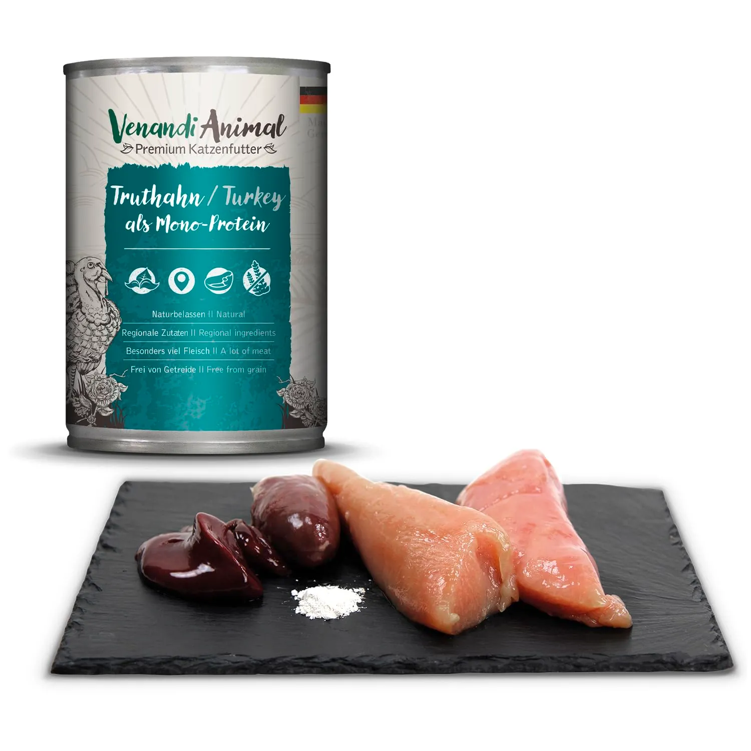 VenandiAnimal Cibo Umido per Gatti, Confezione di Prova III, Pollo, Tacchino, Manzo, Pollo + Coniglio, Vitello, Tacchino, 6 x 400 g, Senza Cereali e Naturale, 2.4 kg - immagine 4