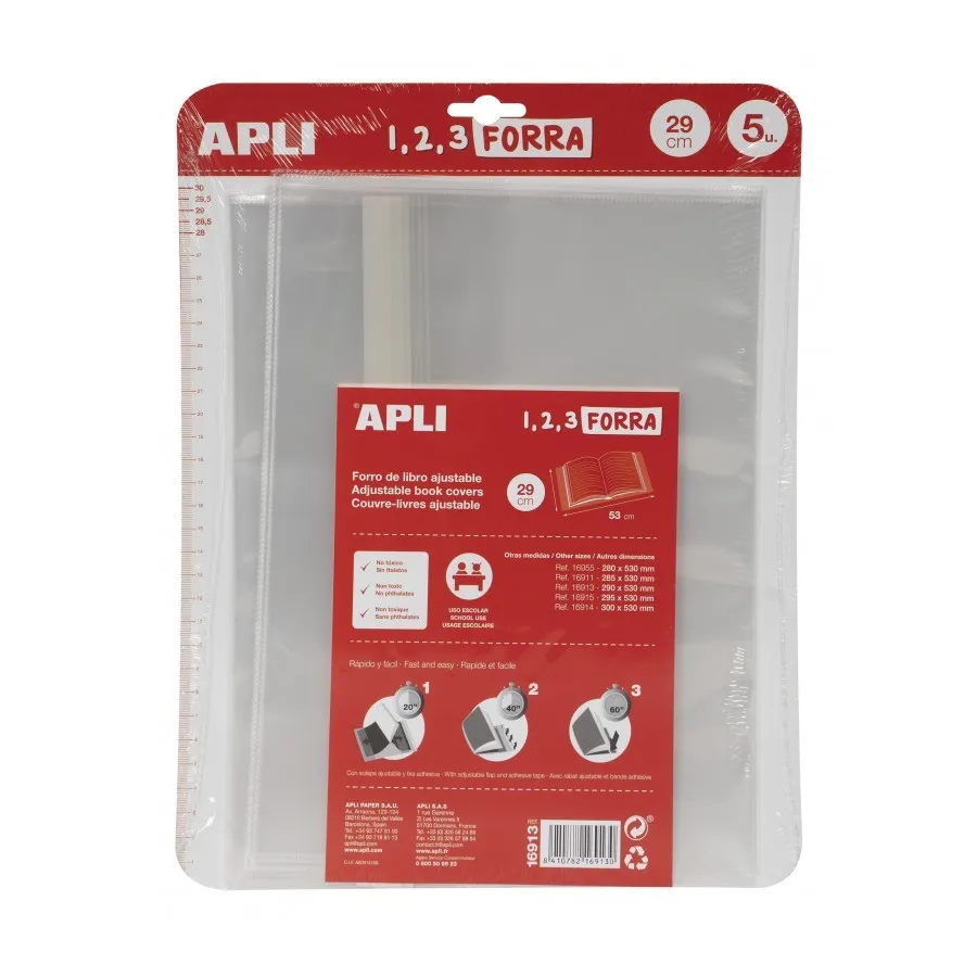 Apli 16913 Copertine per libri in PP con aletta regolabile, 290 mm, confezione da 5 pezzi - immagine 1