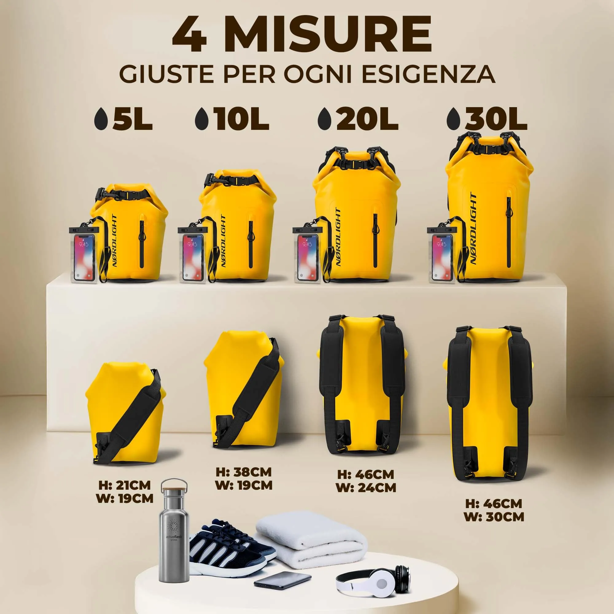 Nordlight Dry Bag 30L con Custodia per Cellulare, Giallo - immagine 3