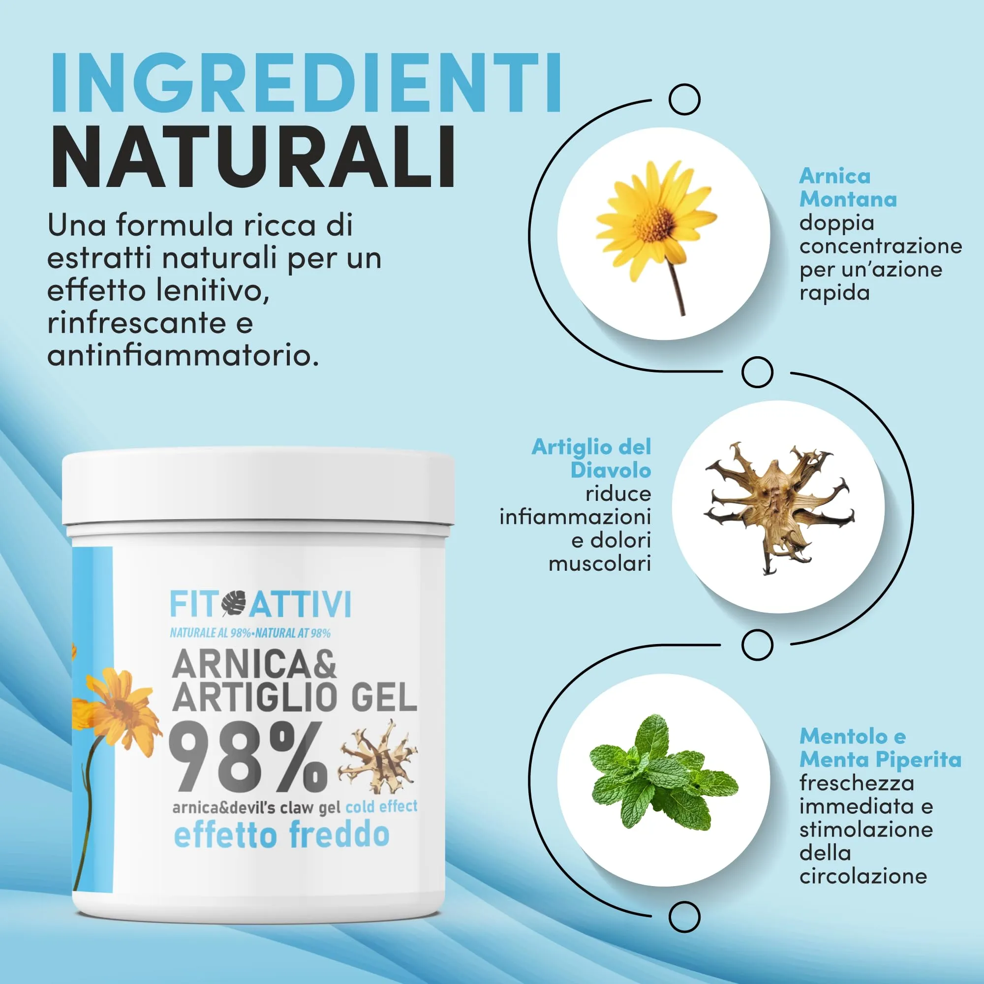 Fitoattivi Natura e Benessere Arnica Forte e Artiglio del Diavolo Effetto Freddo, 98% Arnica, Vitamina E, Mentolo e Menta per Massaggi Locali, 550ml - immagine 3