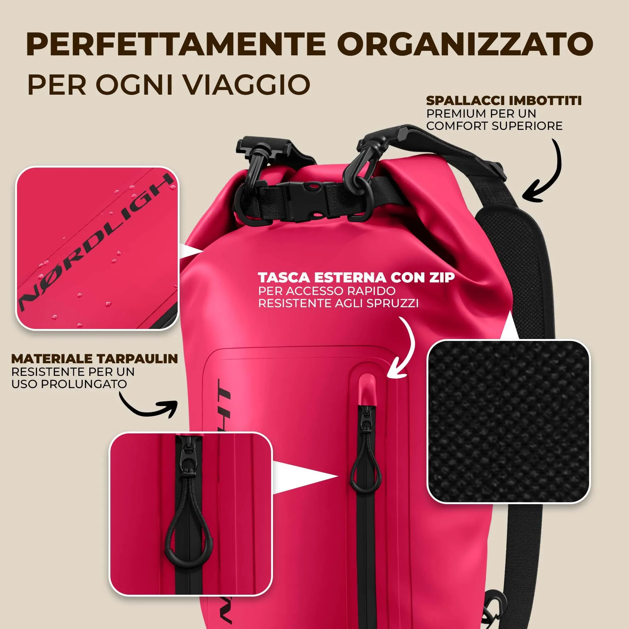 Nordlight Dry Bag Sacca Impermeabile con Custodia per Cellulare, 20 Litri, Rosa - immagine 7
