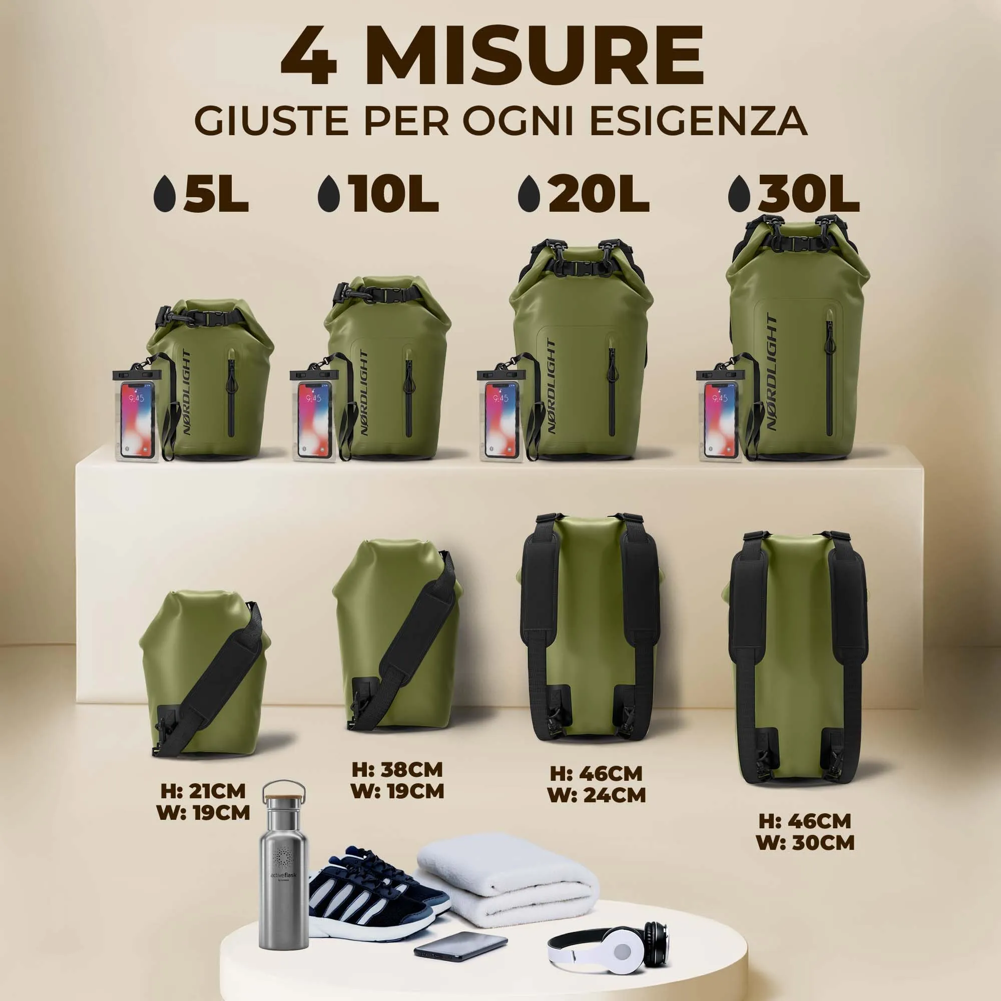 Nordlight Dry Bag 20L con Custodia per Cellulare - Verde Oliva - immagine 3