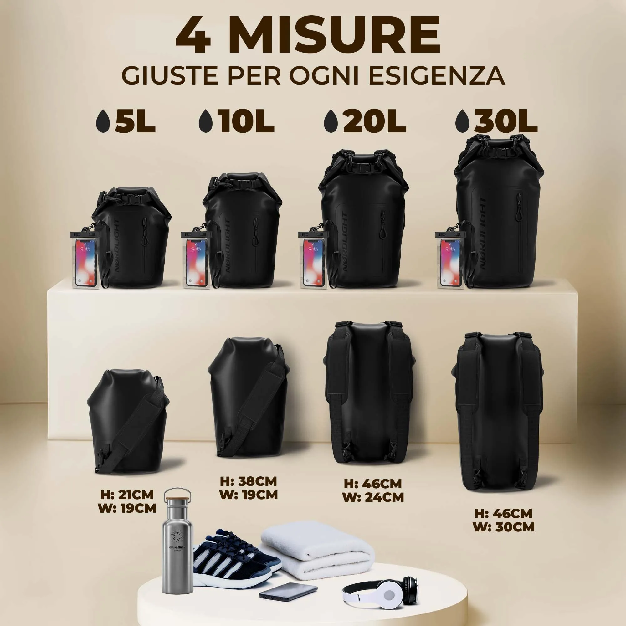Nordlight Dry Bag Impermeabile con Custodia per Cellulare, Nero, 5 Litri - immagine 3
