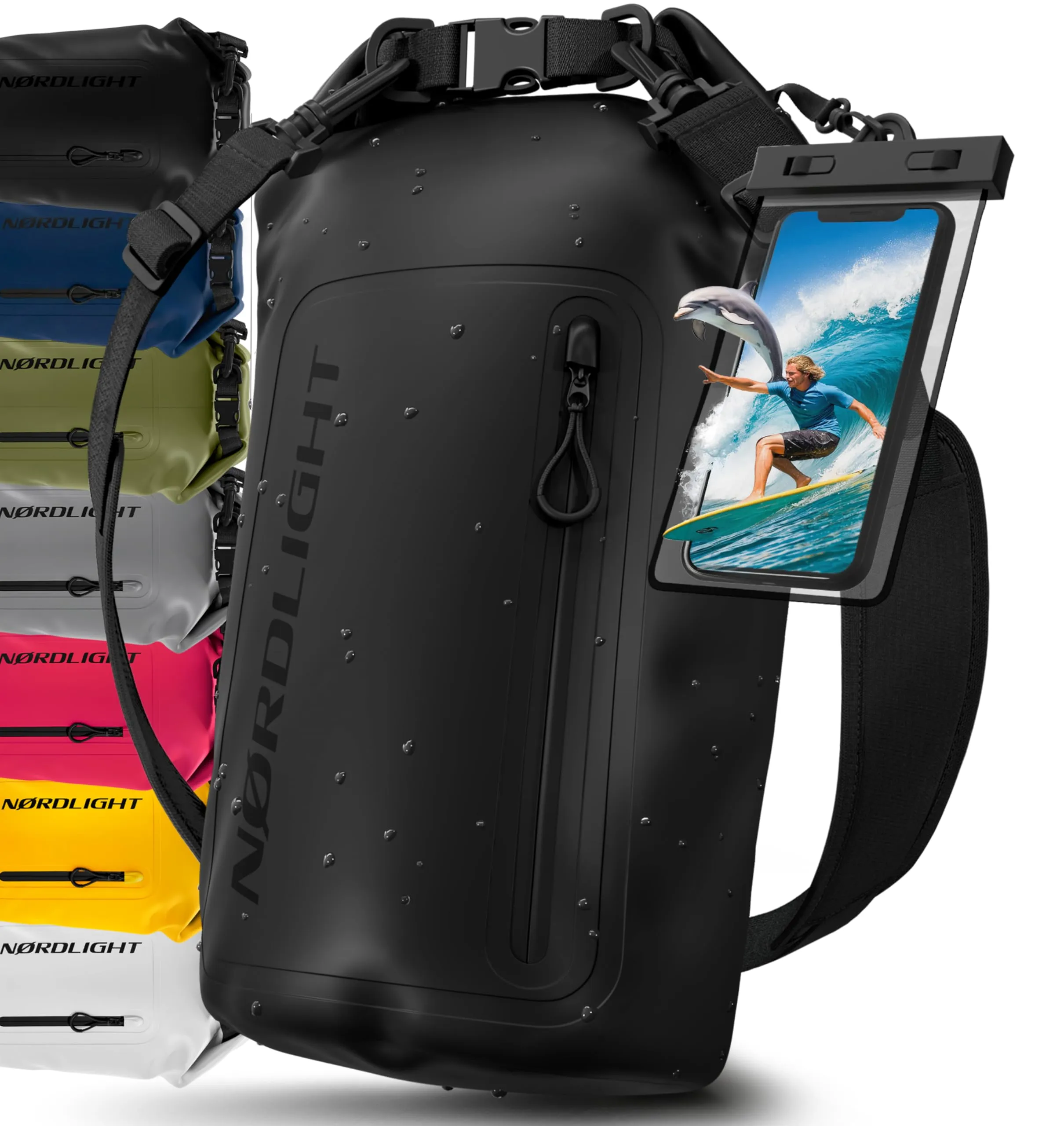 Nordlight Dry Bag 30L con Custodia per Cellulare e Tracolla, Nero - immagine 1