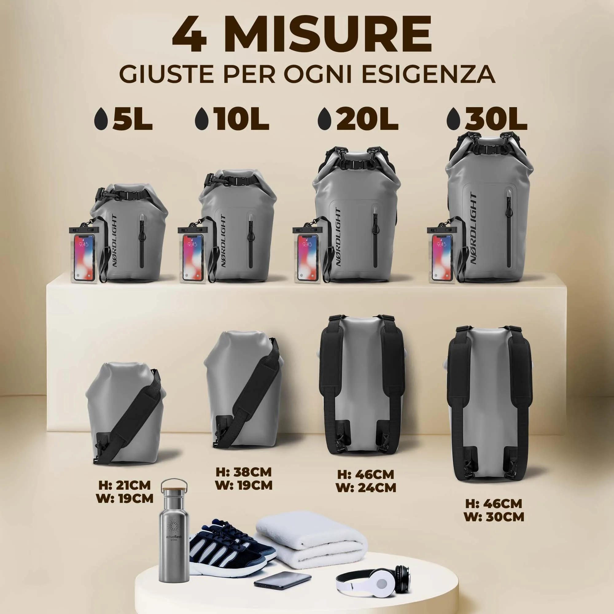 Nordlight Dry Bag 5L con Custodia per Cellulare - Grigio - immagine 3