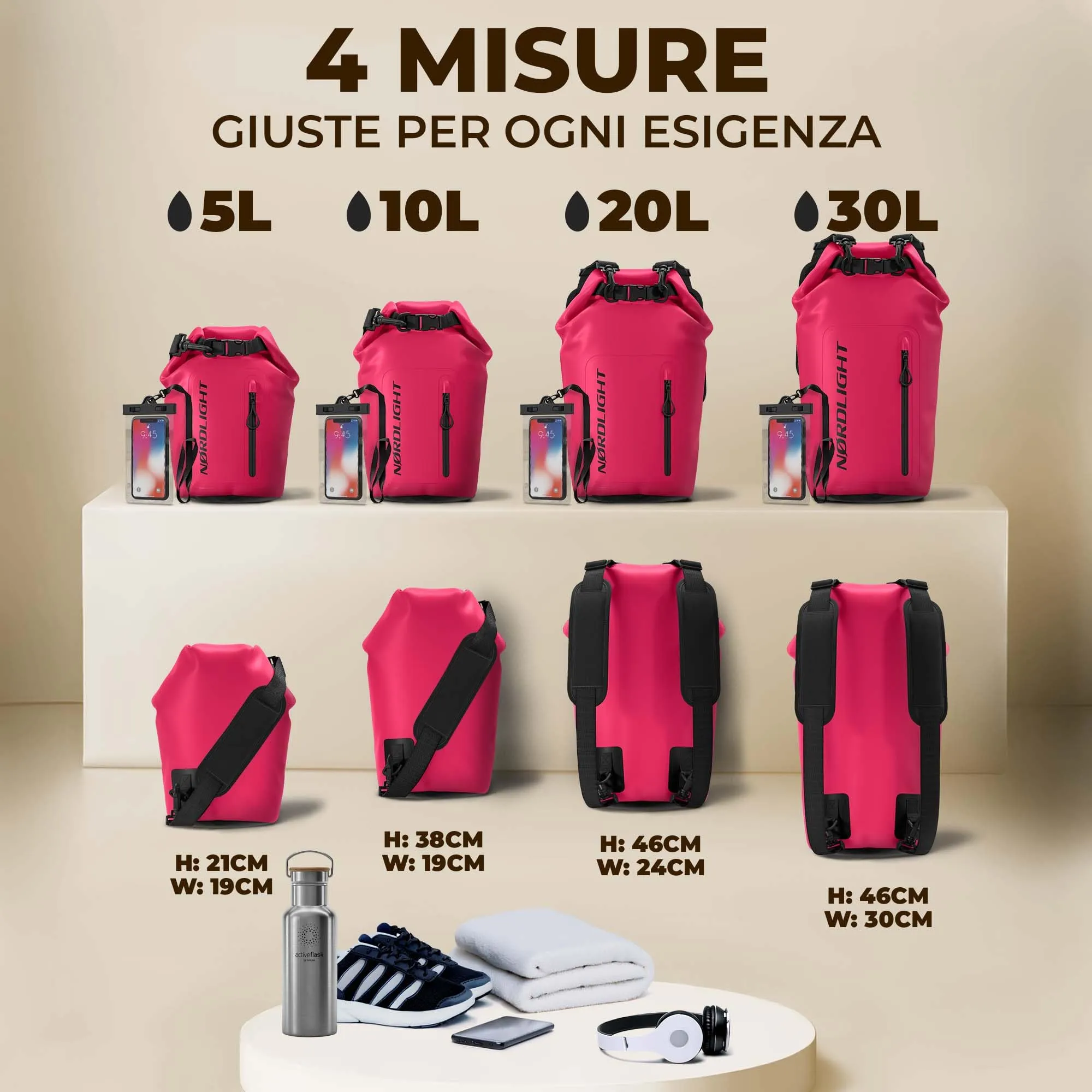 Nordlight Dry Bag Sacca Impermeabile con Custodia per Cellulare, 5 Litri - Rosa - immagine 3