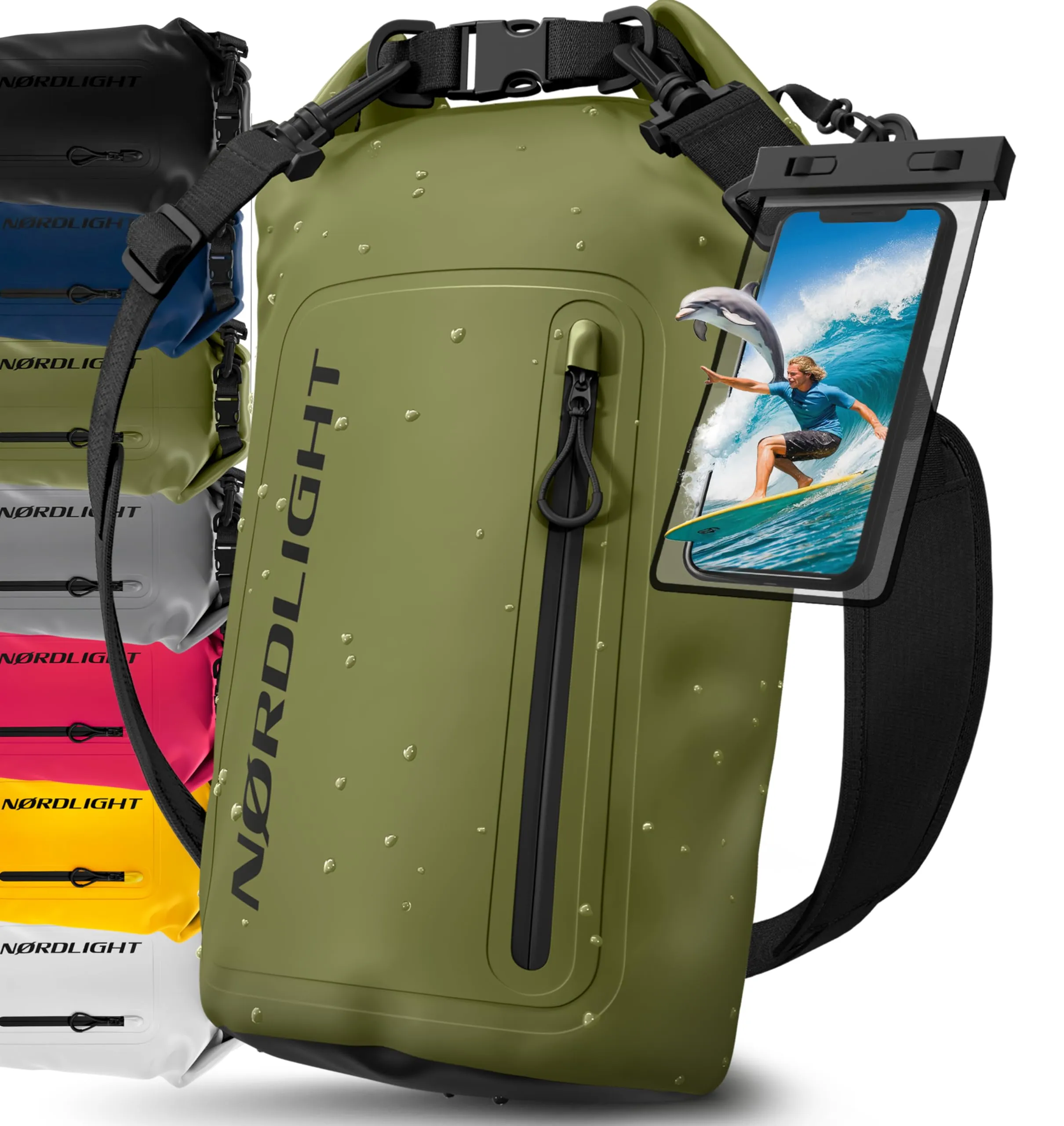 Nordlight Dry Bag 30L con Custodia per Cellulare e Tracolla - Verde Oliva - immagine 1