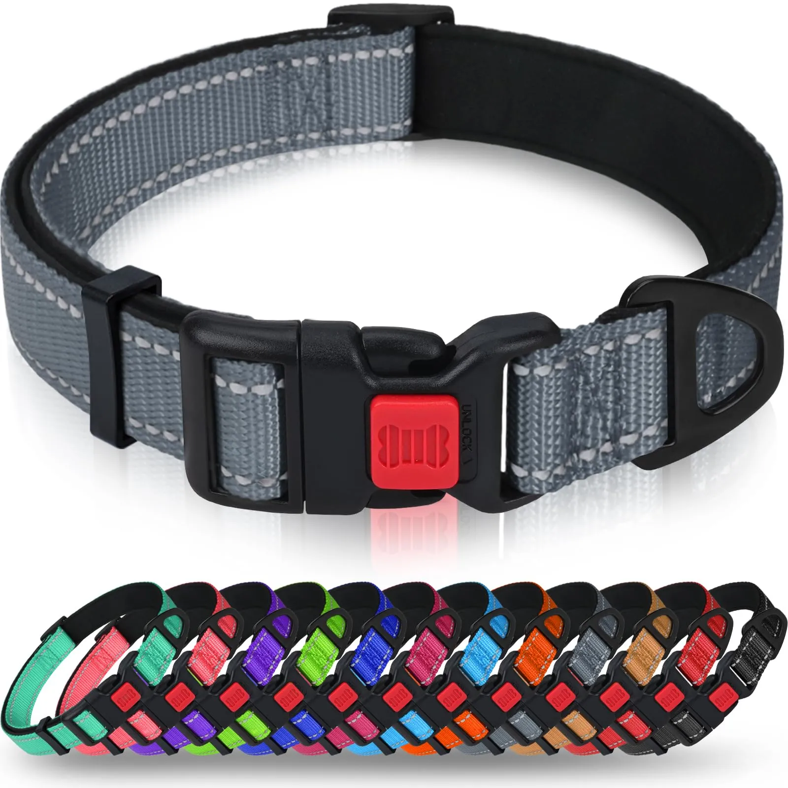 Taglory Collare per Cani in Nylon Imbottito, Regolabile, Riflettente, Taglia Piccola, Grigio - immagine 1