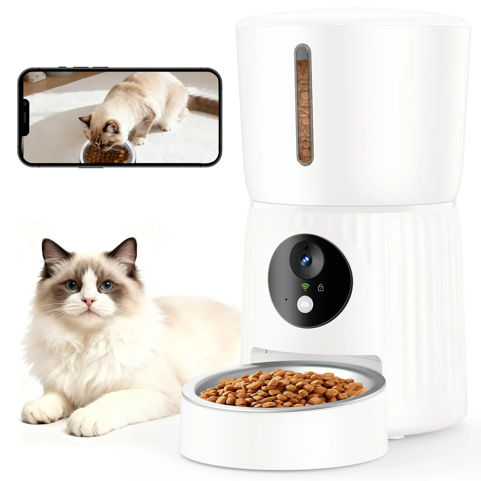 Faroro Distributore Automatico Cibo Gatti 4L con Telecamera HD 1080P, Wi-Fi 5GHz e Audio Bidirezionale, Bianco - immagine 1