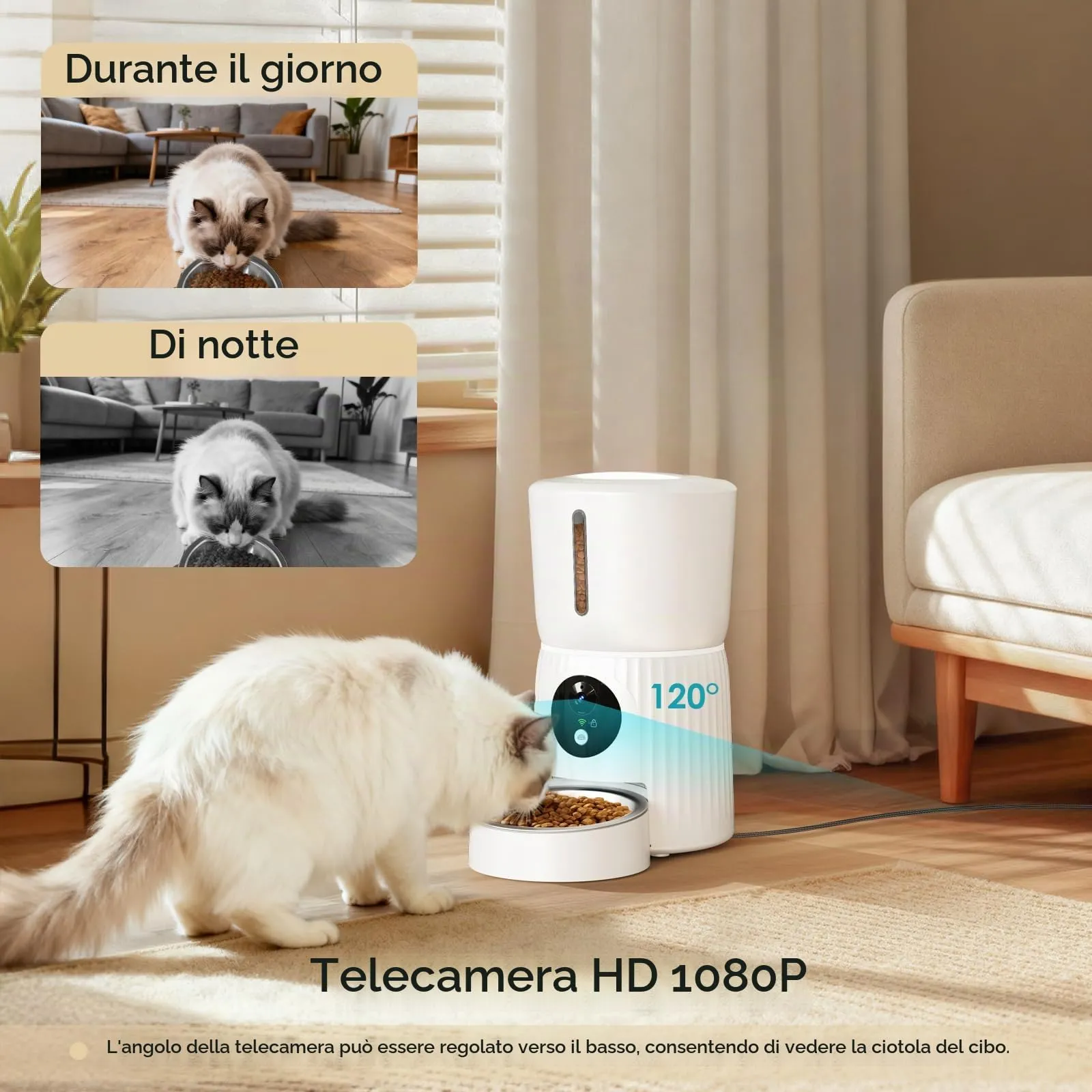 Faroro Distributore Automatico Cibo Gatti 4L con Telecamera HD 1080P, Wi-Fi 5GHz e Audio Bidirezionale, Bianco - immagine 2