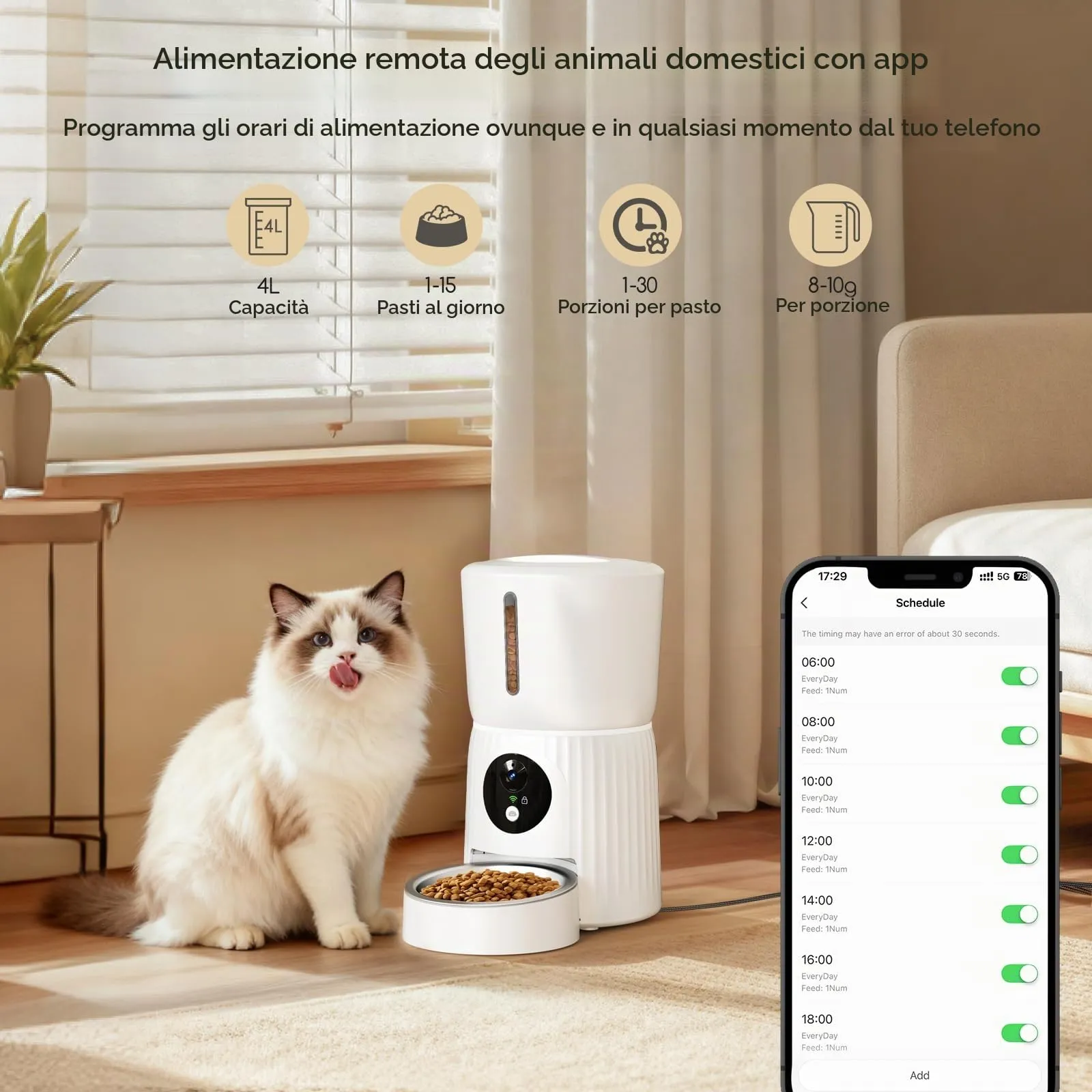 Faroro Distributore Automatico Cibo Gatti 4L con Telecamera HD 1080P, Wi-Fi 5GHz e Audio Bidirezionale, Bianco - immagine 3