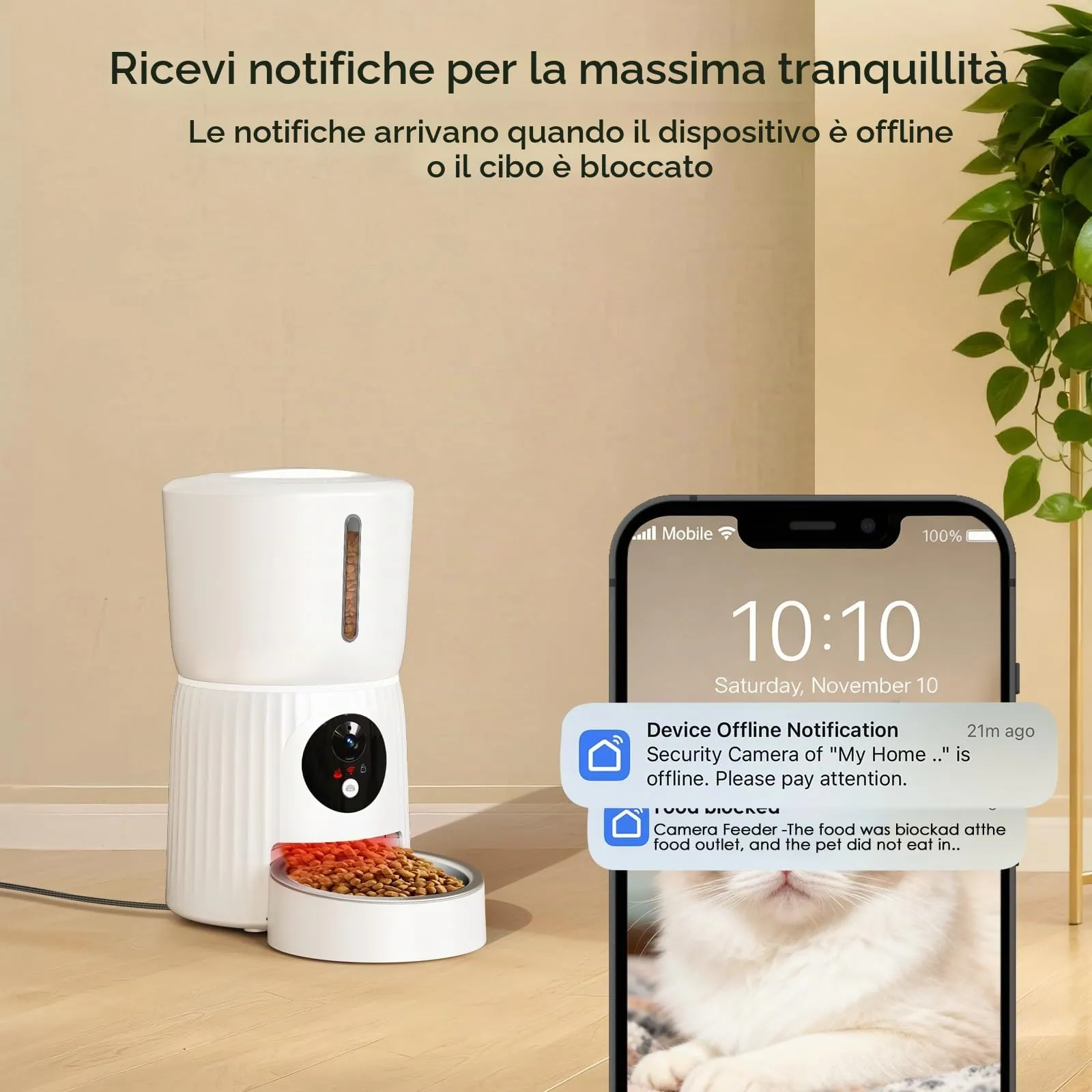 Faroro Distributore Automatico Cibo Gatti 4L con Telecamera HD 1080P, Wi-Fi 5GHz e Audio Bidirezionale, Bianco - immagine 7