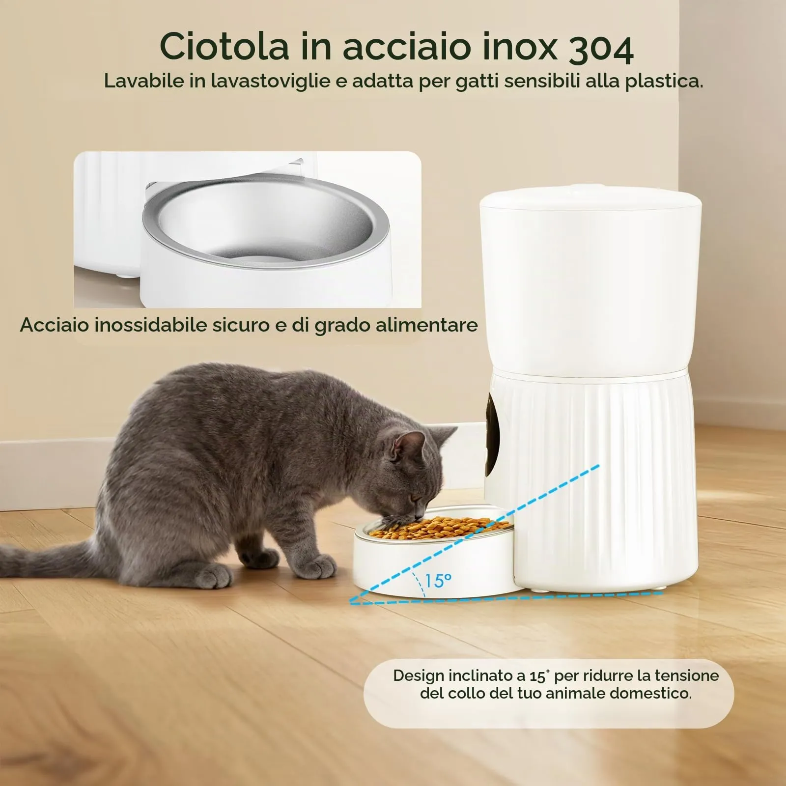 Faroro Distributore Automatico Cibo Gatti 4L con Telecamera HD 1080P, Wi-Fi 5GHz e Audio Bidirezionale, Bianco - immagine 8