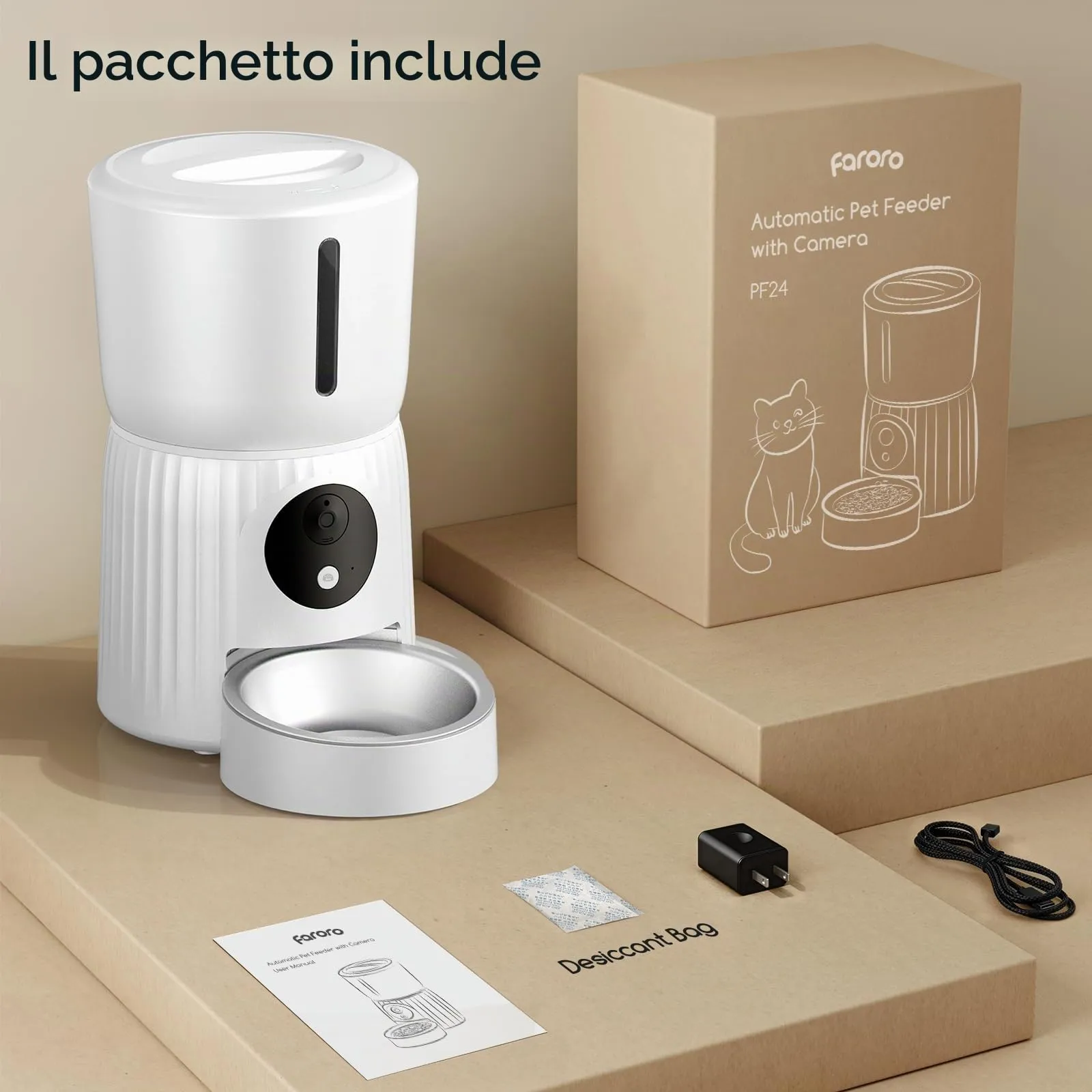Faroro Distributore Automatico Cibo Gatti 4L con Telecamera HD 1080P, Wi-Fi 5GHz e Audio Bidirezionale, Bianco - immagine 9