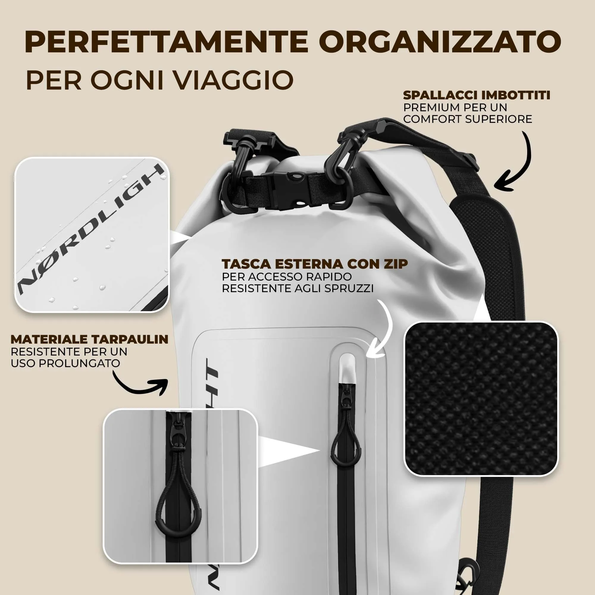 Nordlight Dry Bag 30L con Custodia per Cellulare e Tracolla - Bianco - immagine 7