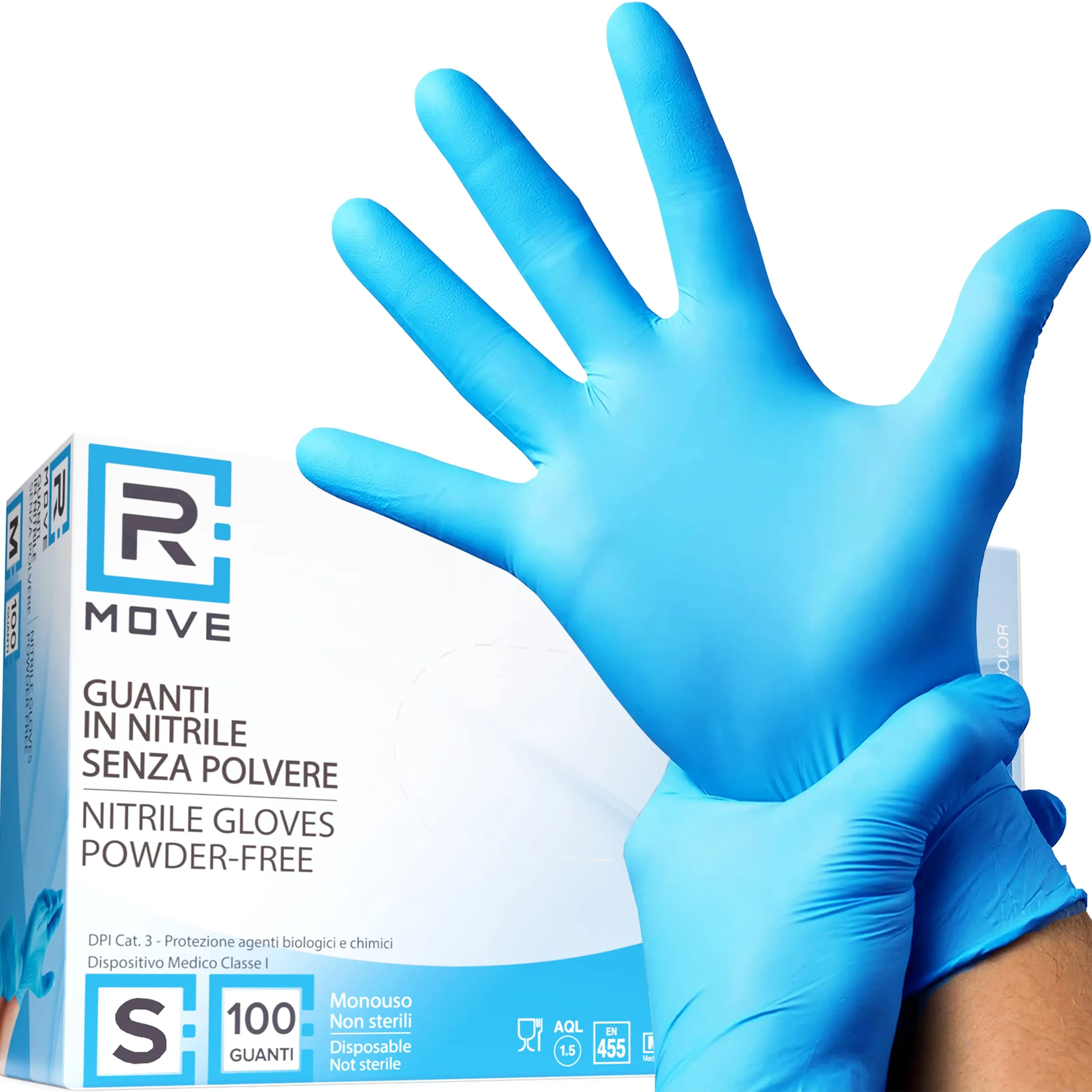 R MOVE Guanti in nitrile monouso, senza polvere, senza lattice, ipoallergenici, blu, Taglia S, 100 pezzi - immagine 1