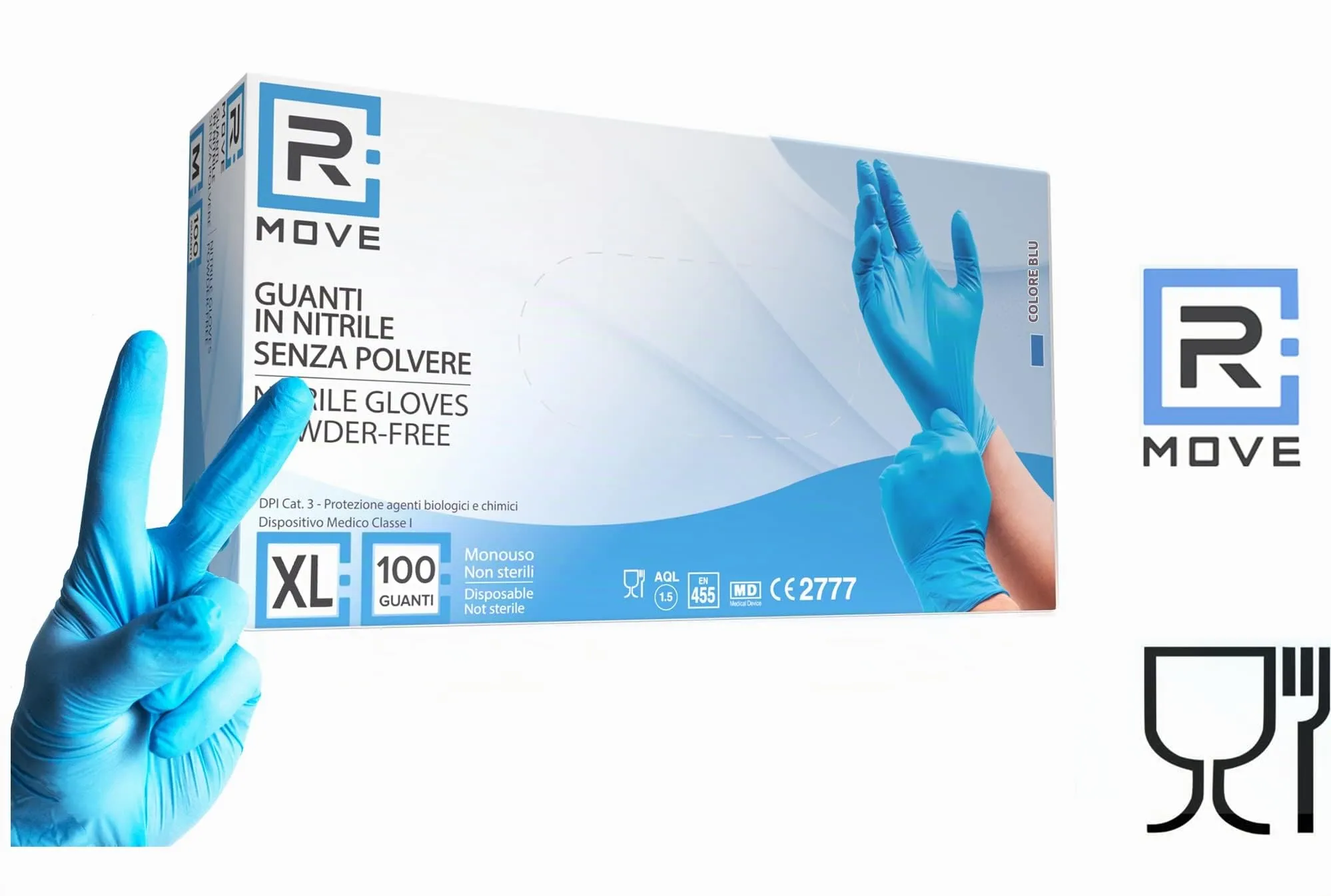 R MOVE Guanti in Nitrile Monouso Blu, Senza Polvere, XL, 100 Pezzi - immagine 7