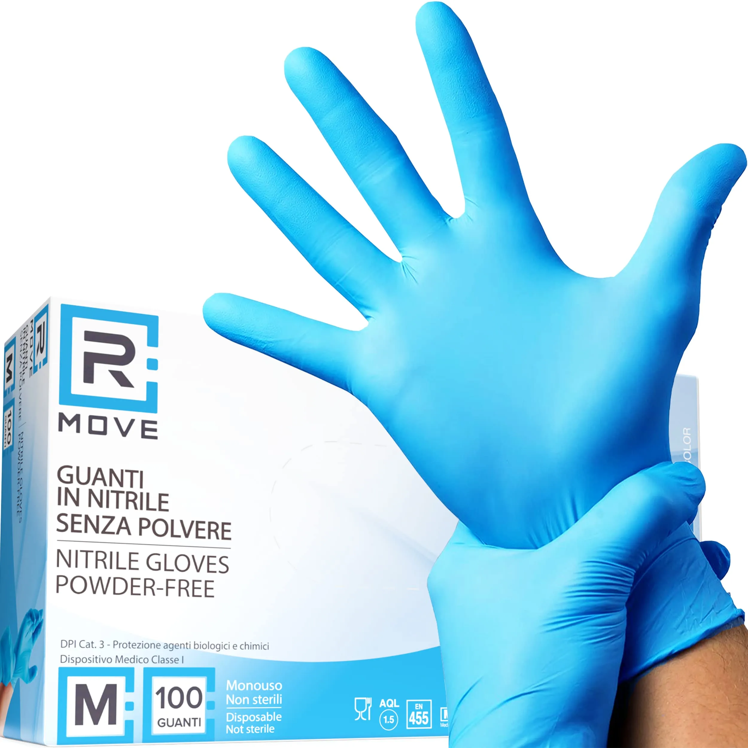 R MOVE Guanti in Nitrile Monouso Blu, Taglia M, Senza Polvere e Senza Lattice, 100 Pezzi - immagine 1