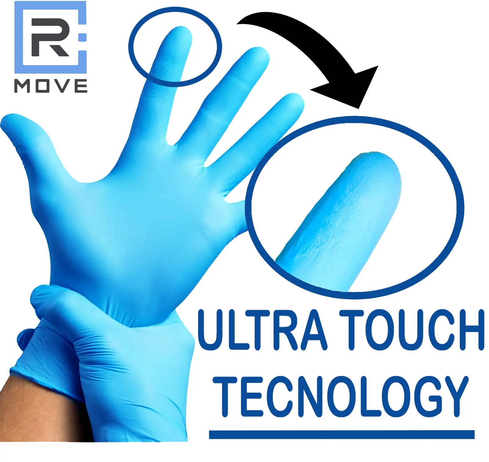 R MOVE Guanti in Nitrile Monouso Blu, Taglia M, Senza Polvere e Senza Lattice, 100 Pezzi - immagine 2