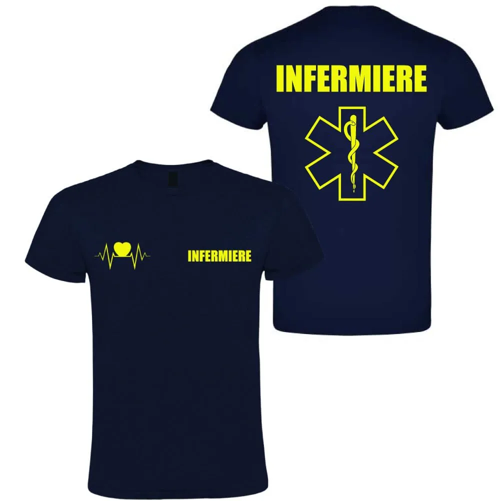 T-shirt in cotone per infermiere 118 soccorso con stampa fluo fronte e retro, Blu Navy, XXL - immagine 1