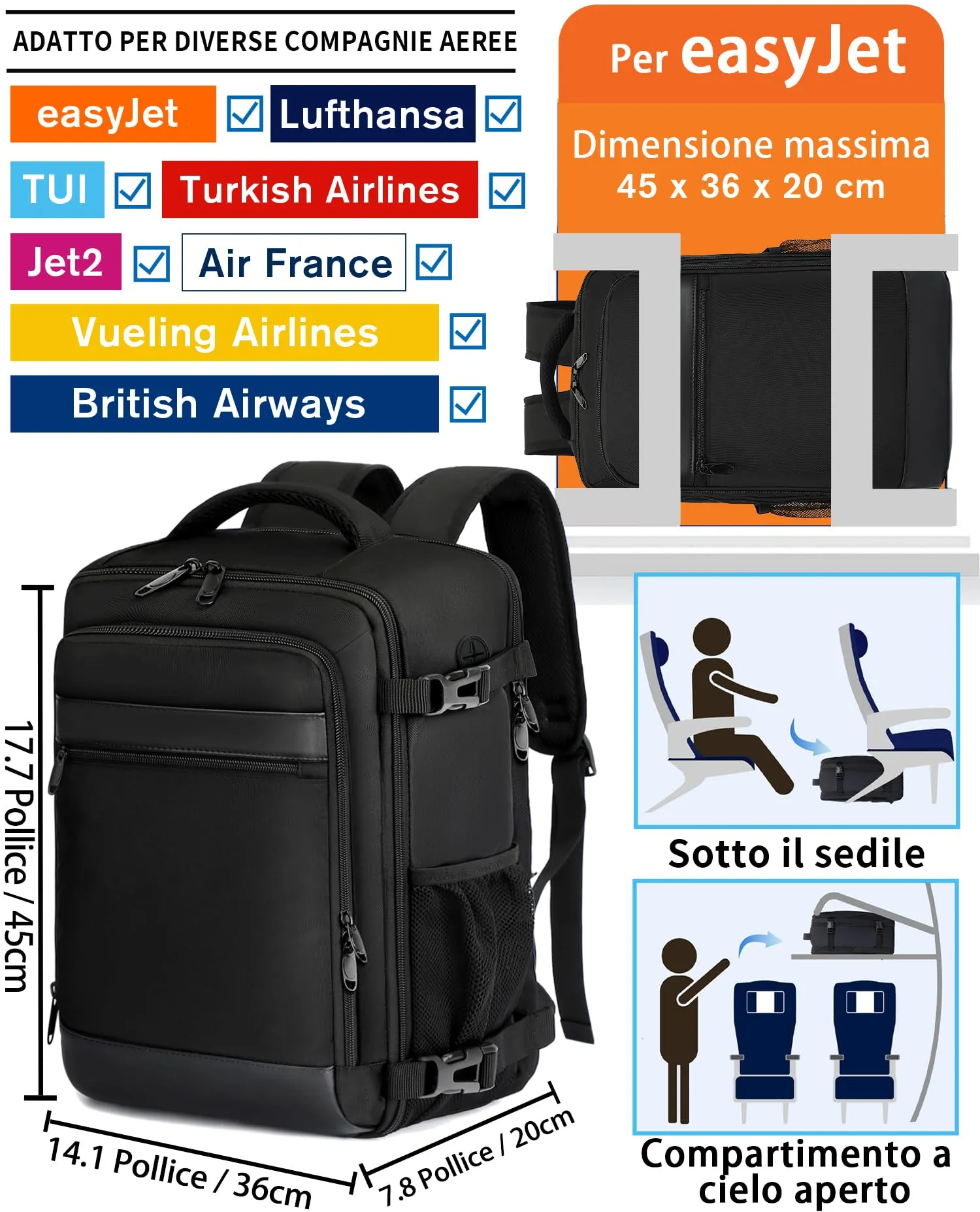 KLOSTAIN Zaino da Viaggio Bagaglio a Mano Easyjet 45x36x20cm 30L Porta PC 15.6 Pollici Nero - immagine 2