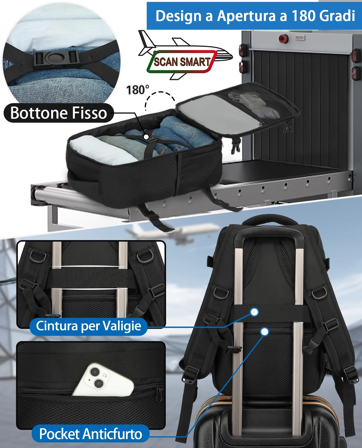 KLOSTAIN Zaino da Viaggio Bagaglio a Mano Easyjet 45x36x20cm 30L Porta PC 15.6 Pollici Nero - immagine 3