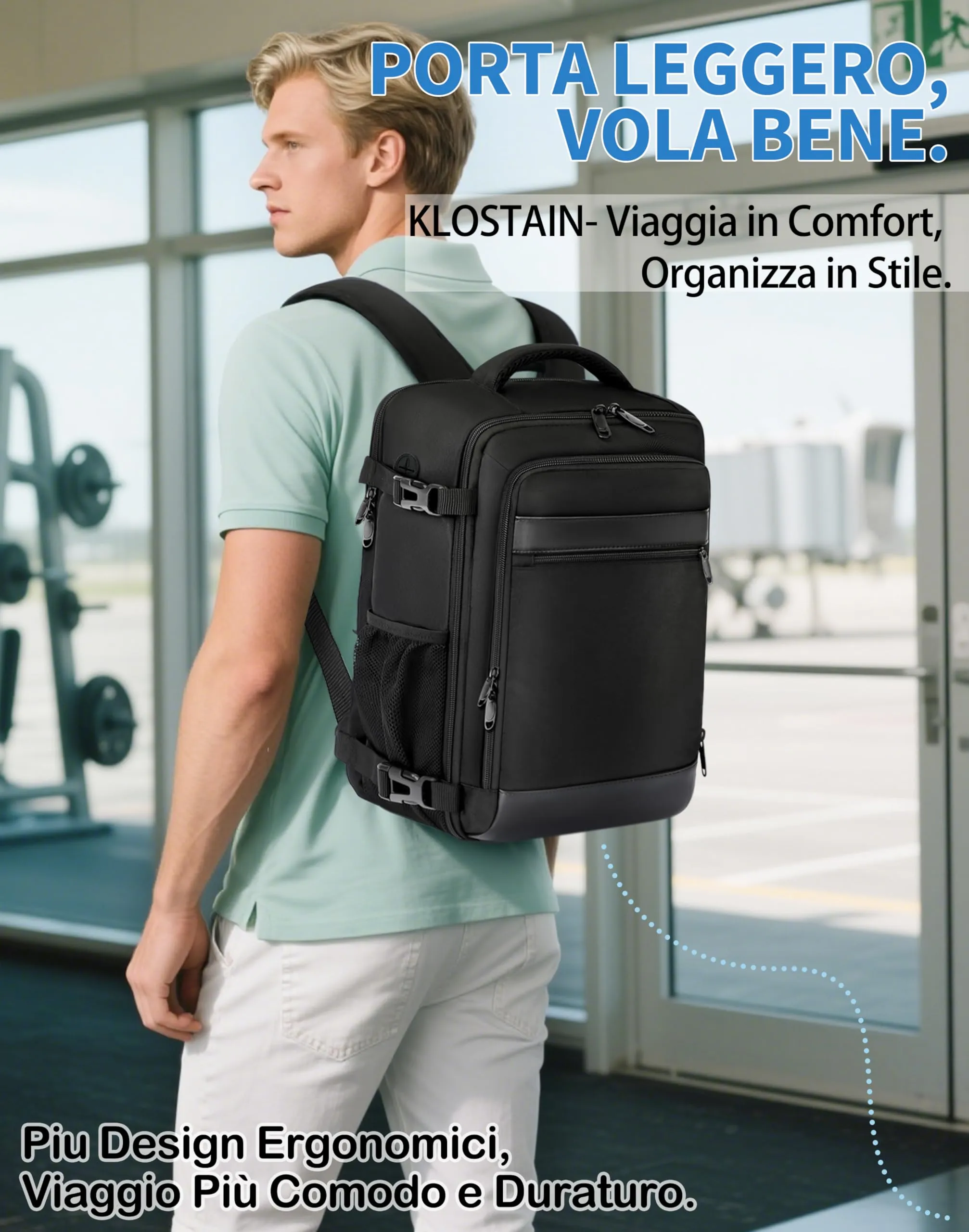 KLOSTAIN Zaino da Viaggio Bagaglio a Mano Easyjet 45x36x20cm 30L Porta PC 15.6 Pollici Nero - immagine 6