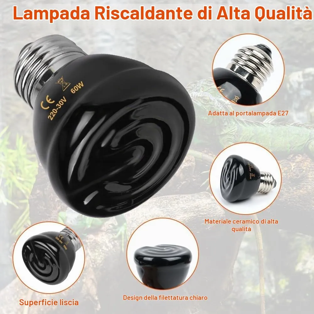 Adiwo Lampadina Riscaldante in Ceramica 60W E27 per Rettili, Anfibi e Uccelli - immagine 3