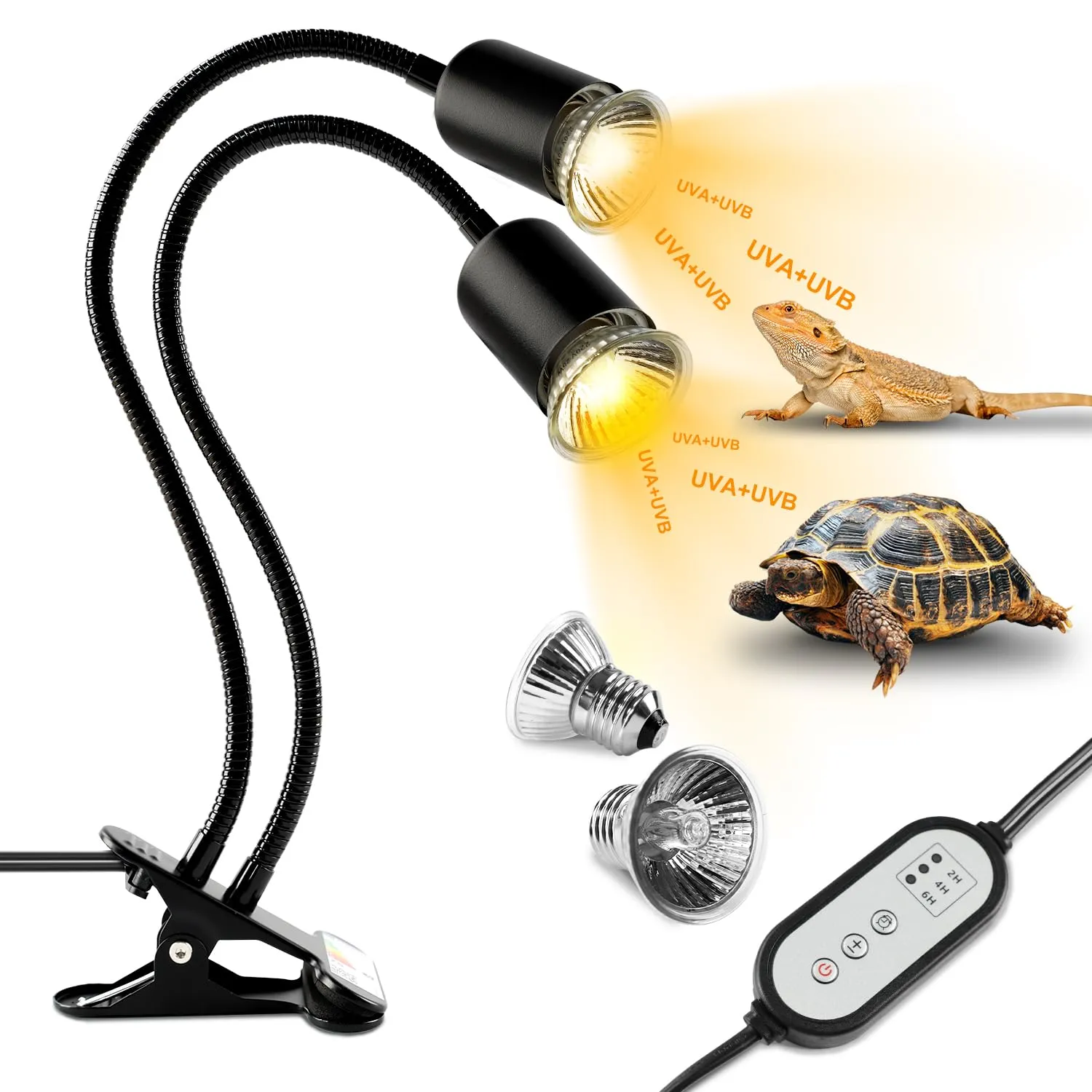 testyu Lampada Riscaldante per Tartarughe e Rettili a Due Teste, 25W+50W, UVA+UVB, Attacco E27 con Timer Regolabile, Nero - immagine 1