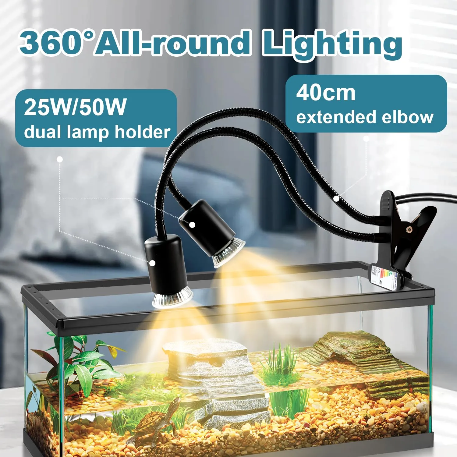 testyu Lampada Riscaldante per Tartarughe e Rettili a Due Teste, 25W+50W, UVA+UVB, Attacco E27 con Timer Regolabile, Nero - immagine 2