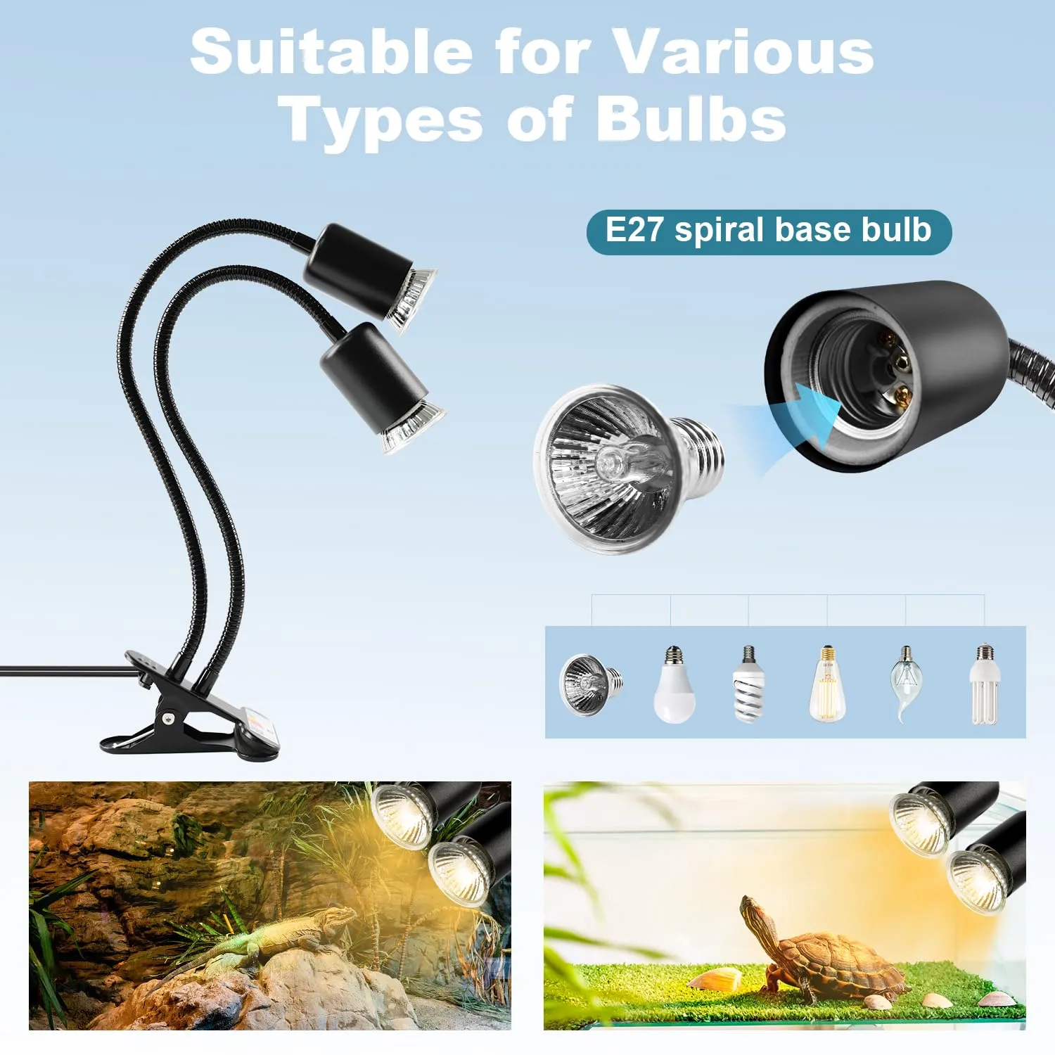 testyu Lampada Riscaldante per Tartarughe e Rettili a Due Teste, 25W+50W, UVA+UVB, Attacco E27 con Timer Regolabile, Nero - immagine 4