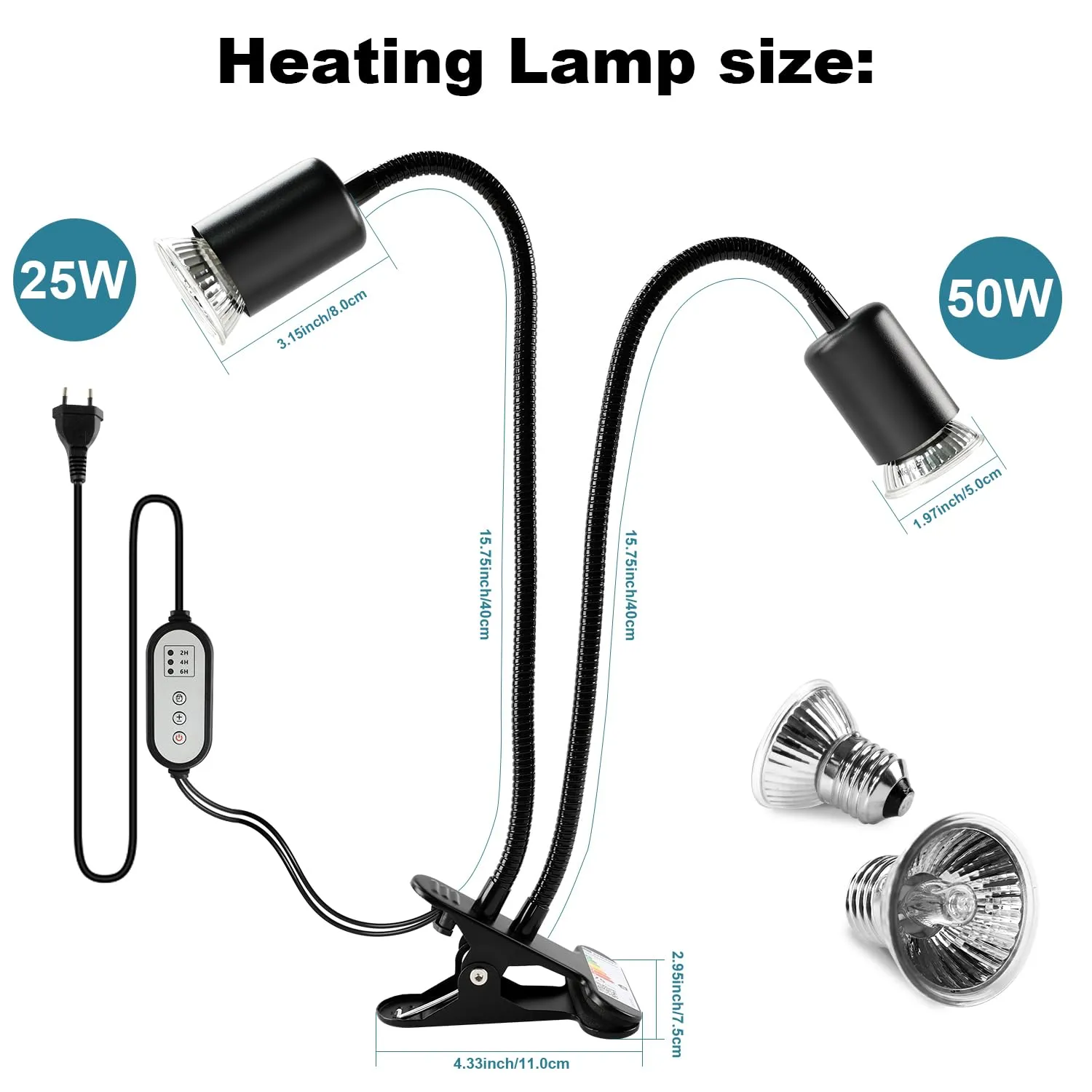 testyu Lampada Riscaldante per Tartarughe e Rettili a Due Teste, 25W+50W, UVA+UVB, Attacco E27 con Timer Regolabile, Nero - immagine 6
