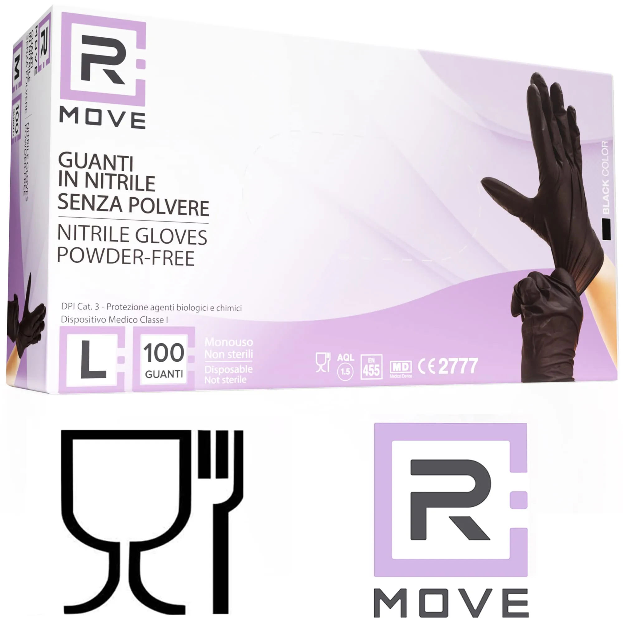 R MOVE Guanti in Nitrile Monouso Neri, Taglia L, Senza Polvere, Ipoallergenici, 100 Pezzi - immagine 7