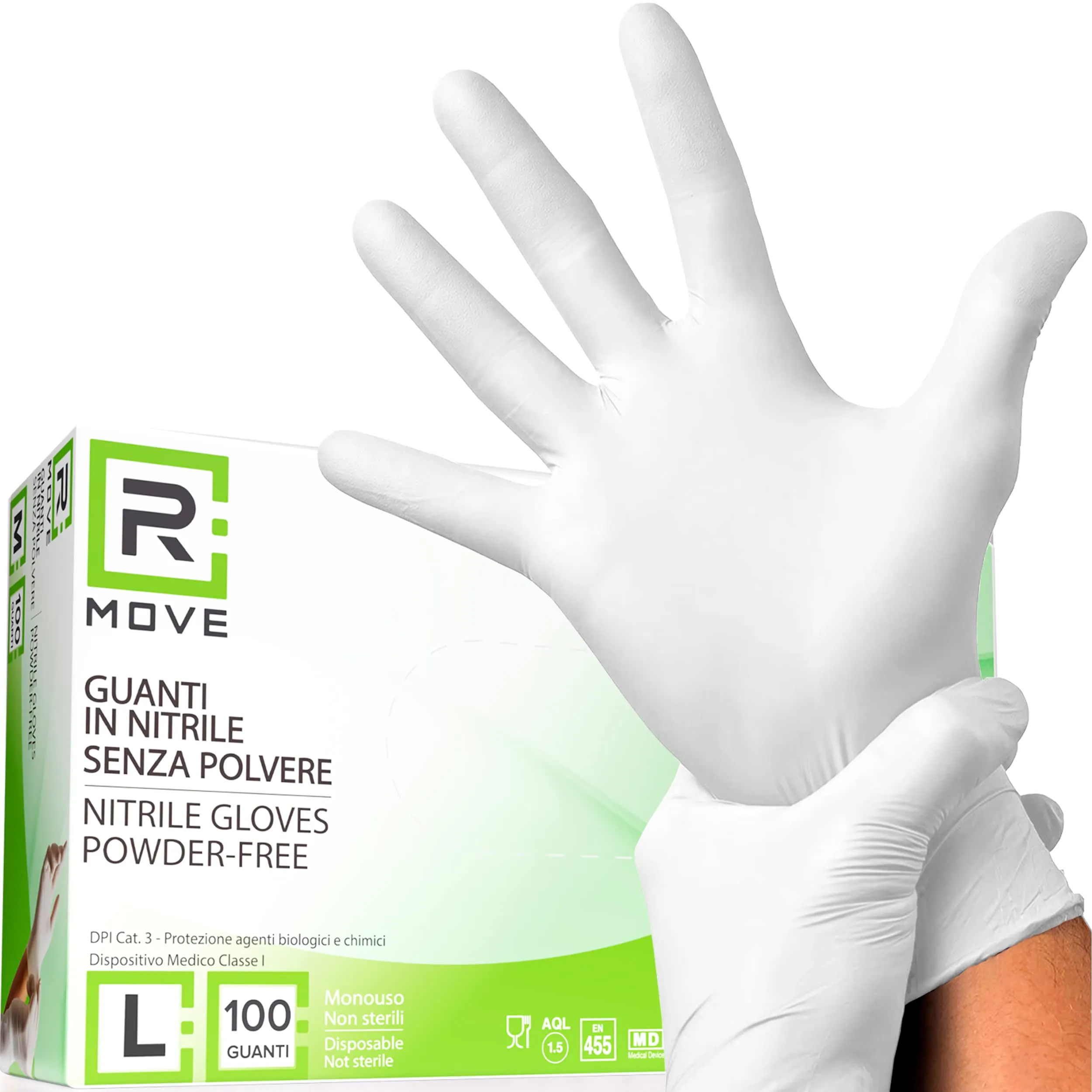 R MOVE Guanti in Nitrile Monouso Bianchi, Taglia L, Senza Polvere, Senza Lattice, Ipoallergenici, 100 Pezzi - immagine 1