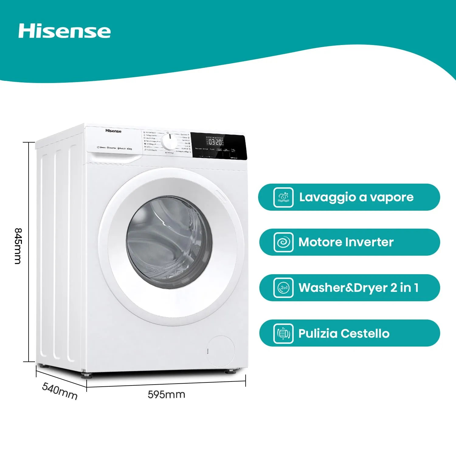 Hisense WDQE8014EVJM Lavasciuga 8 kg, 1400 RPM, Motore Inverter, Classe D, Bianco - immagine 2