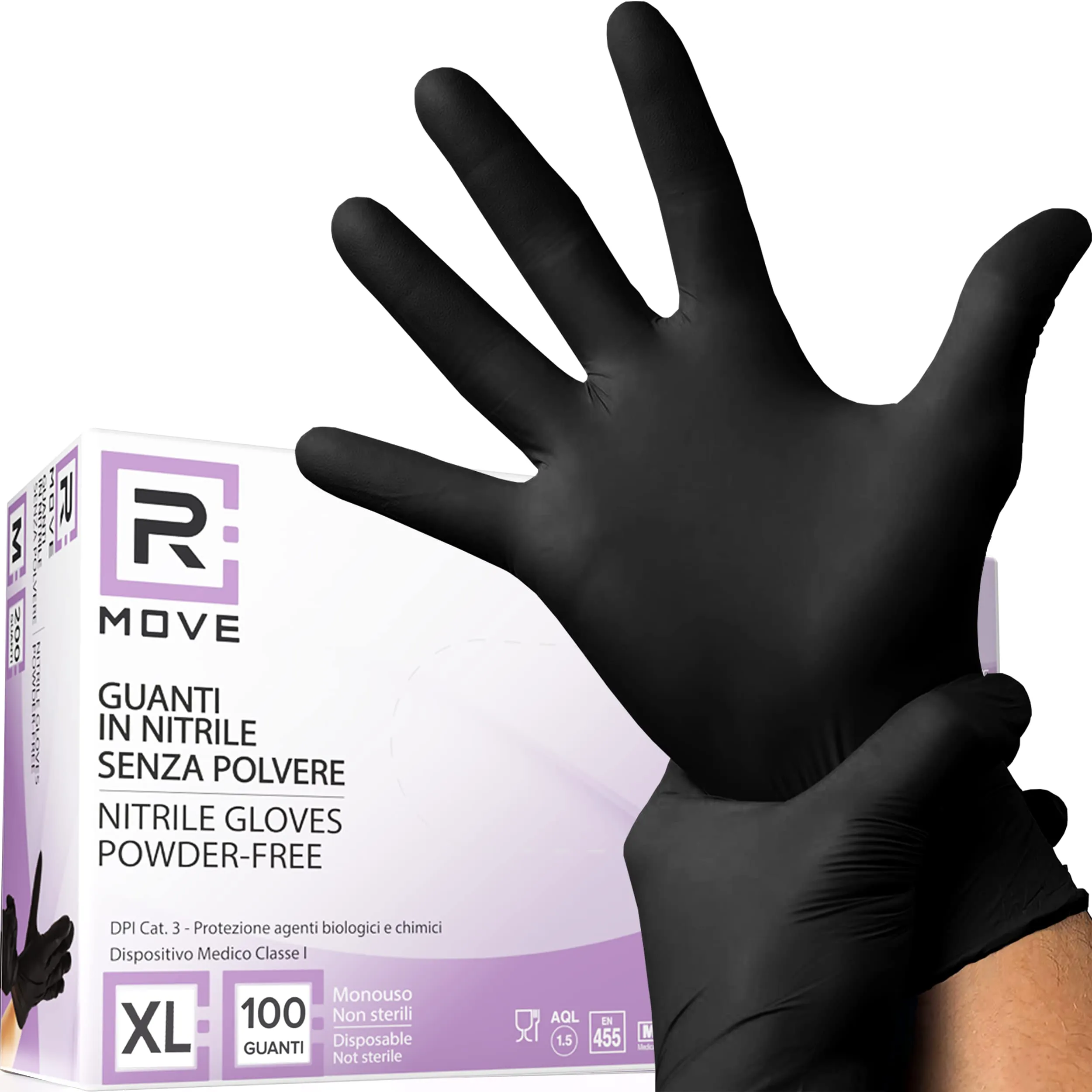 R MOVE Guanti in nitrile monouso neri, senza polvere, senza lattice, ipoallergenici, XL, 100 pezzi - immagine 1