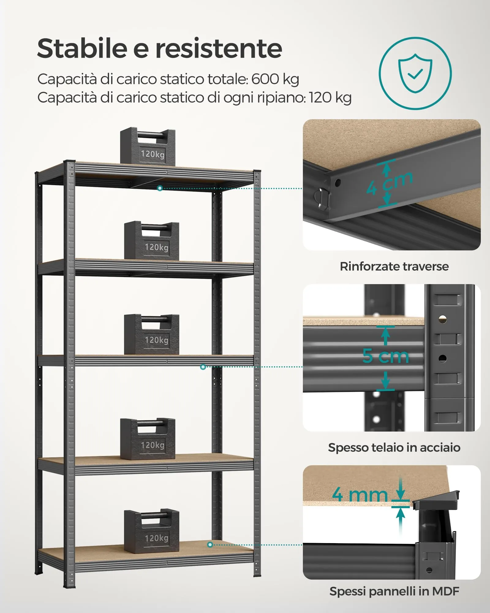 SONGMICS Set di 2 Scaffali per Carichi Pesanti a 5 Ripiani in Acciaio, 50 x 100 x 200 cm, Grigio Nebbia GLR050G02 - immagine 3