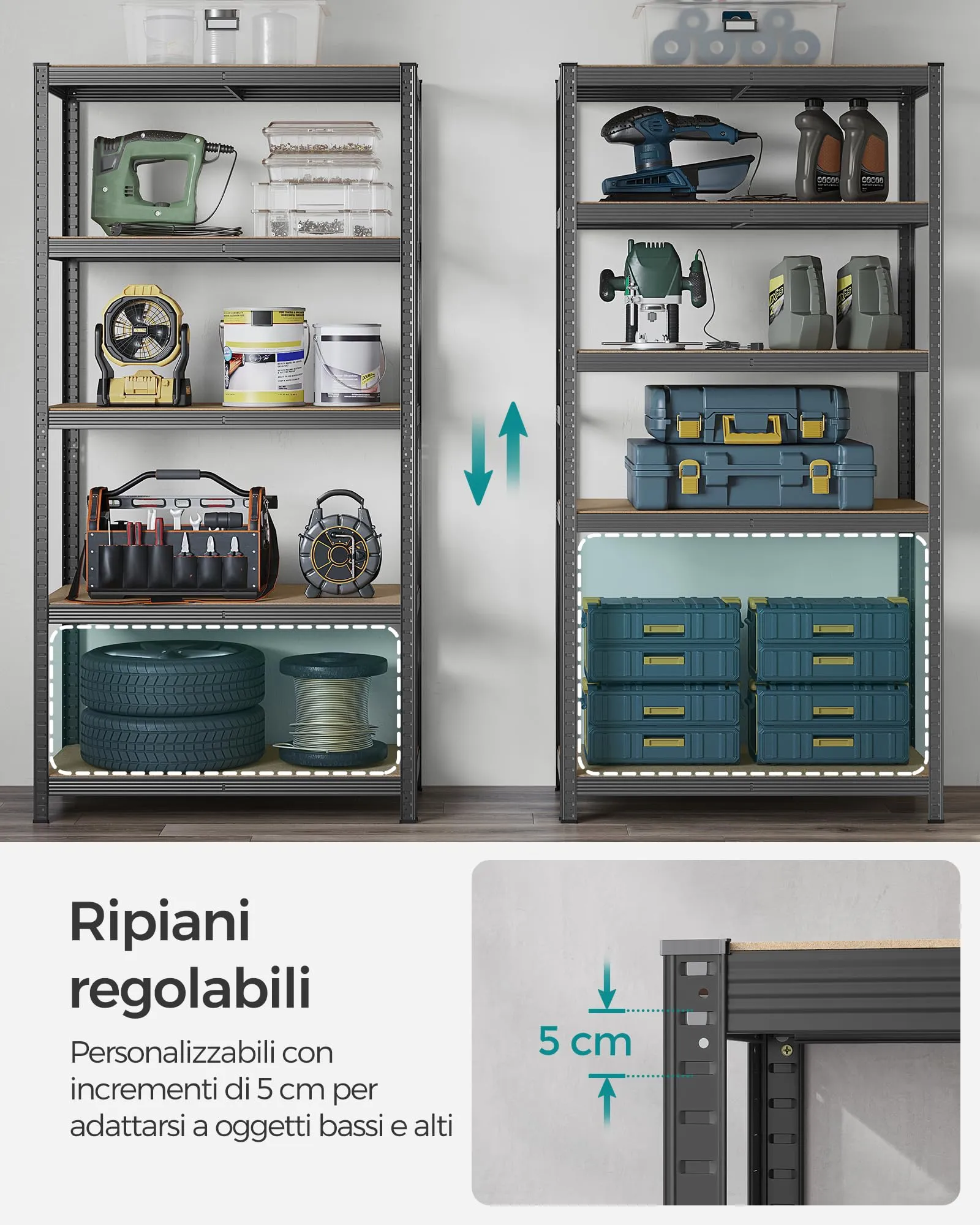 SONGMICS Set di 2 Scaffali per Carichi Pesanti a 5 Ripiani in Acciaio, 50 x 100 x 200 cm, Grigio Nebbia GLR050G02 - immagine 4