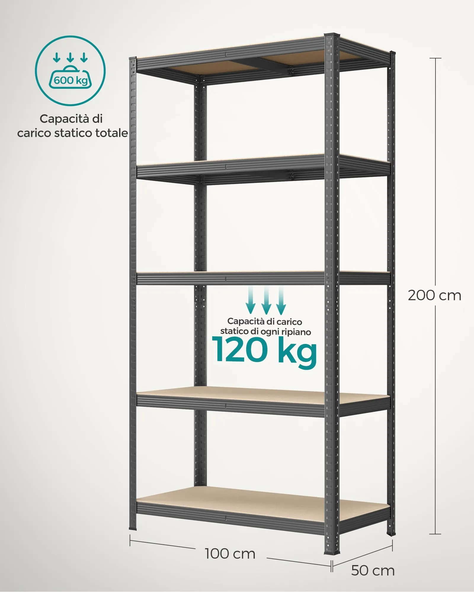 SONGMICS Set di 2 Scaffali per Carichi Pesanti a 5 Ripiani in Acciaio, 50 x 100 x 200 cm, Grigio Nebbia GLR050G02 - immagine 7