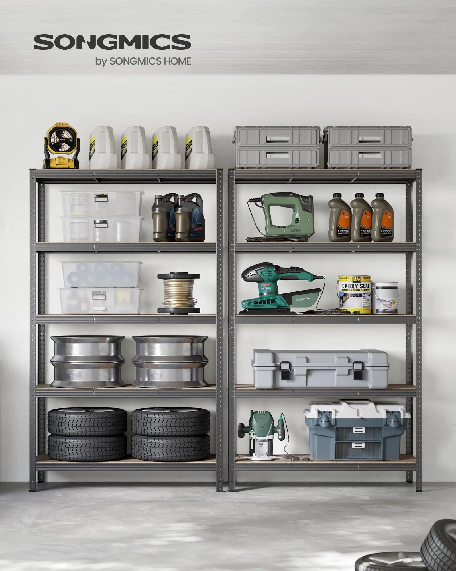 SONGMICS Set di 2 Scaffali in Metallo a 5 Ripiani Regolabili, 60 x 120 x 200 cm, Grigio Nebbia GLR060G02 - immagine 2