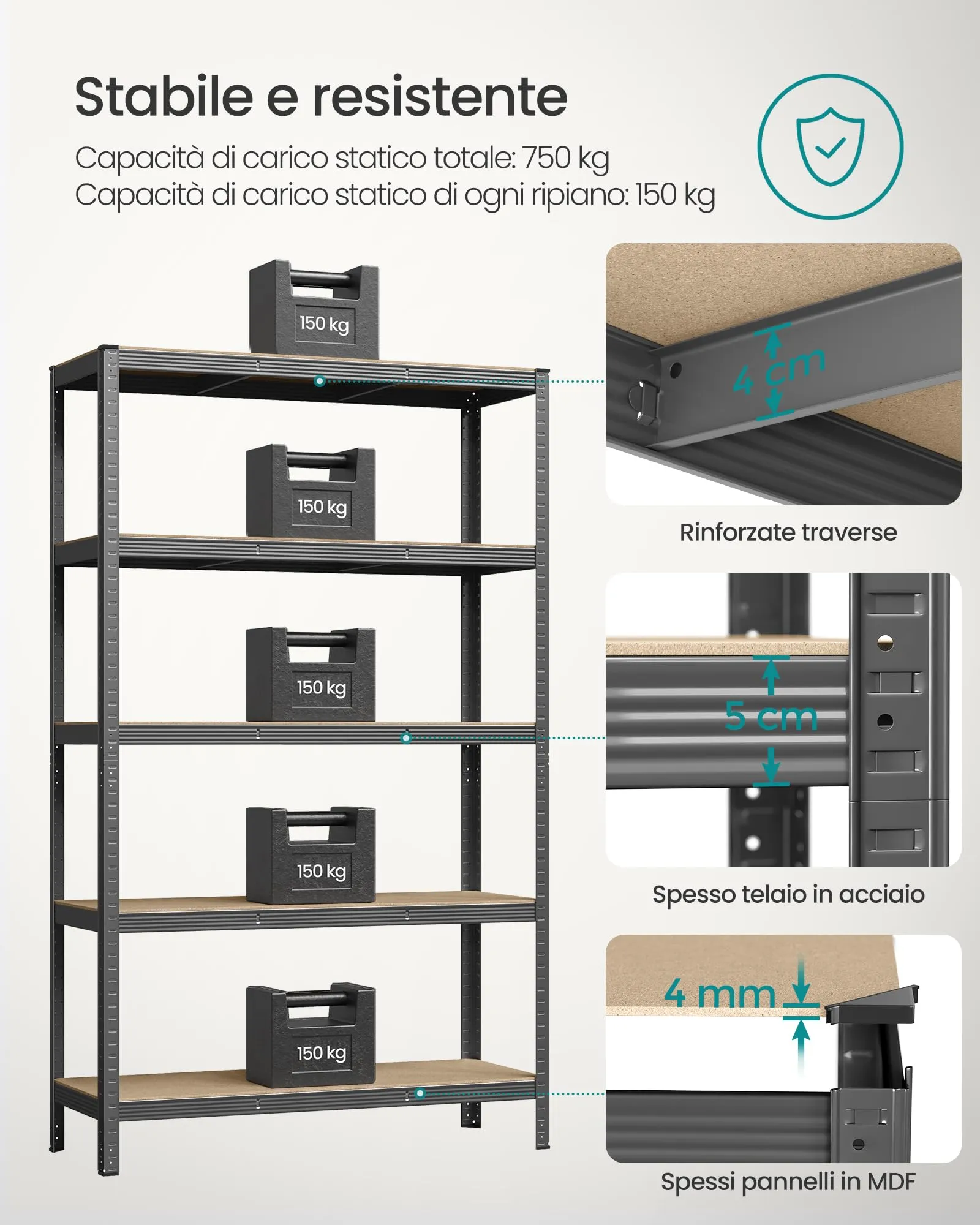 SONGMICS Set di 2 Scaffali in Metallo a 5 Ripiani Regolabili, 60 x 120 x 200 cm, Grigio Nebbia GLR060G02 - immagine 3