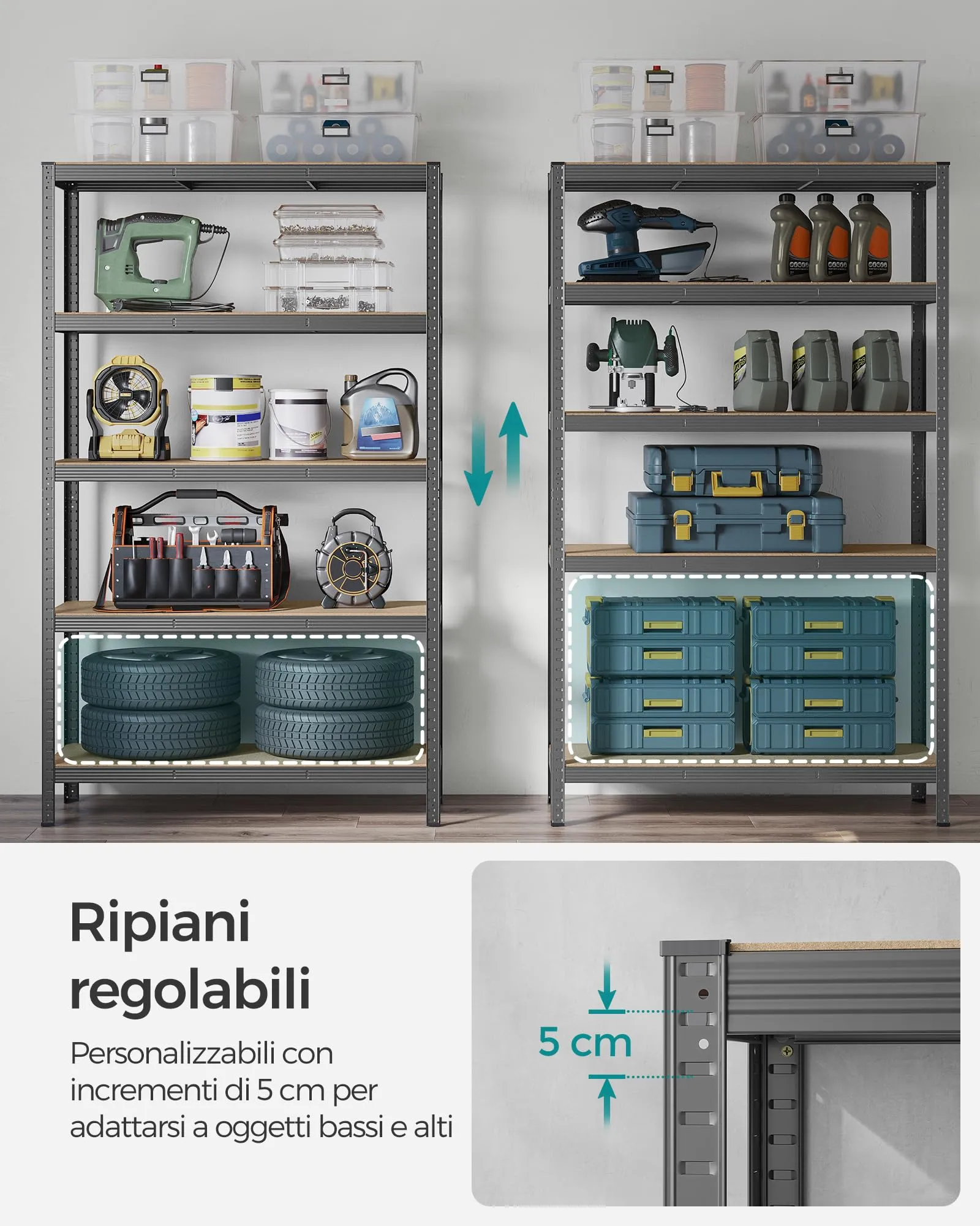 SONGMICS Set di 2 Scaffali in Metallo a 5 Ripiani Regolabili, 60 x 120 x 200 cm, Grigio Nebbia GLR060G02 - immagine 4