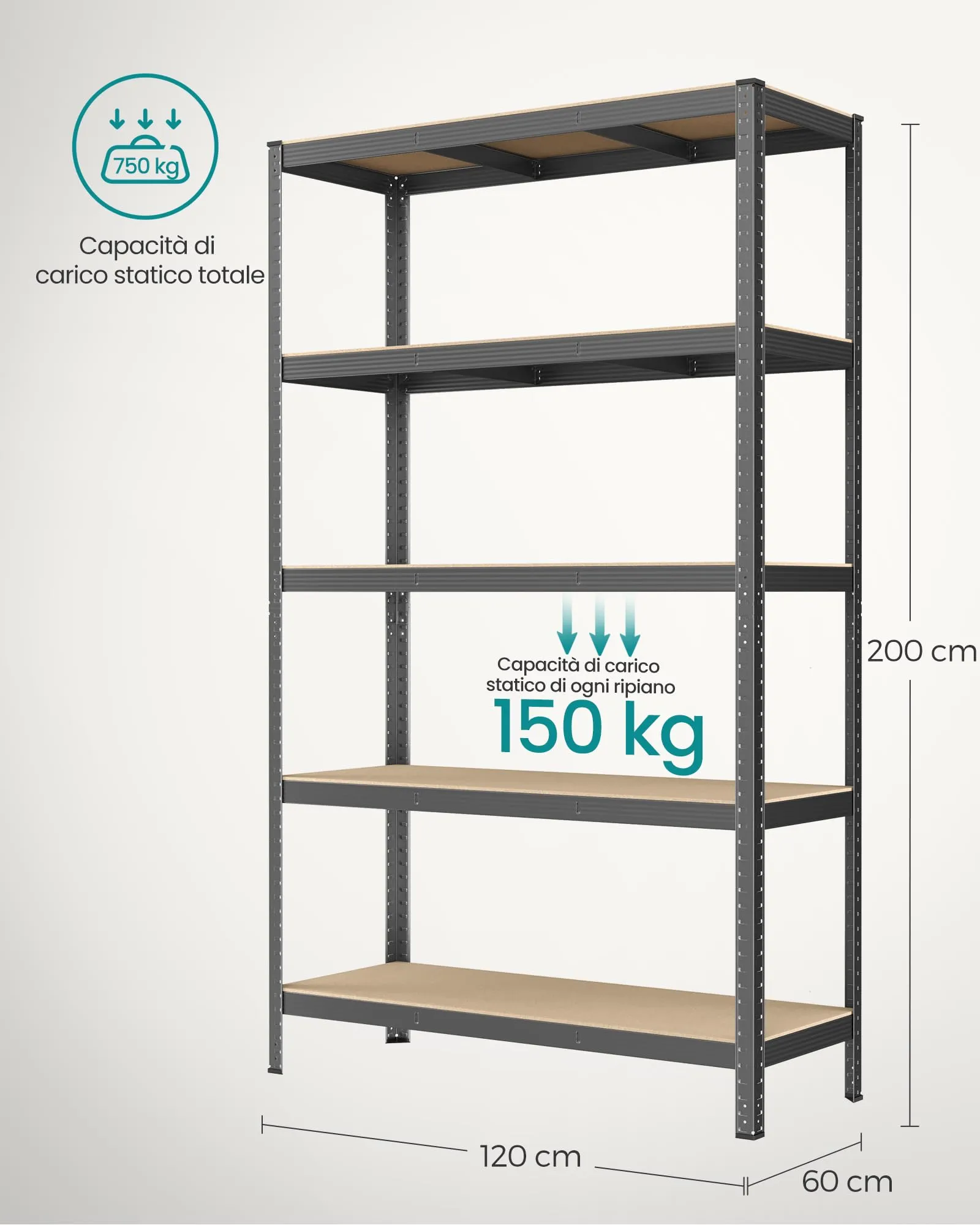 SONGMICS Set di 2 Scaffali in Metallo a 5 Ripiani Regolabili, 60 x 120 x 200 cm, Grigio Nebbia GLR060G02 - immagine 7