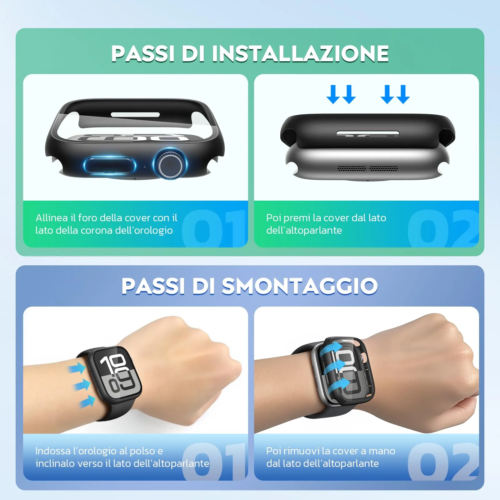 Misxi Cover con Vetro Temperato per Apple Watch Serie 9/8/7 41mm, 1 Blu + 1 Trasparente - immagine 6