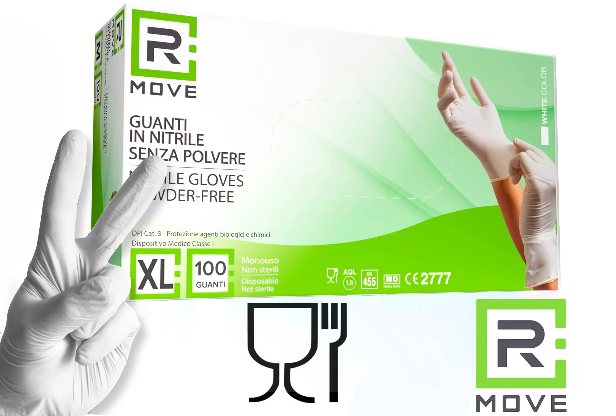 R MOVE Guanti in Nitrile Monouso Bianchi, Senza Polvere, Senza Lattice, XL (100 pezzi) - immagine 6