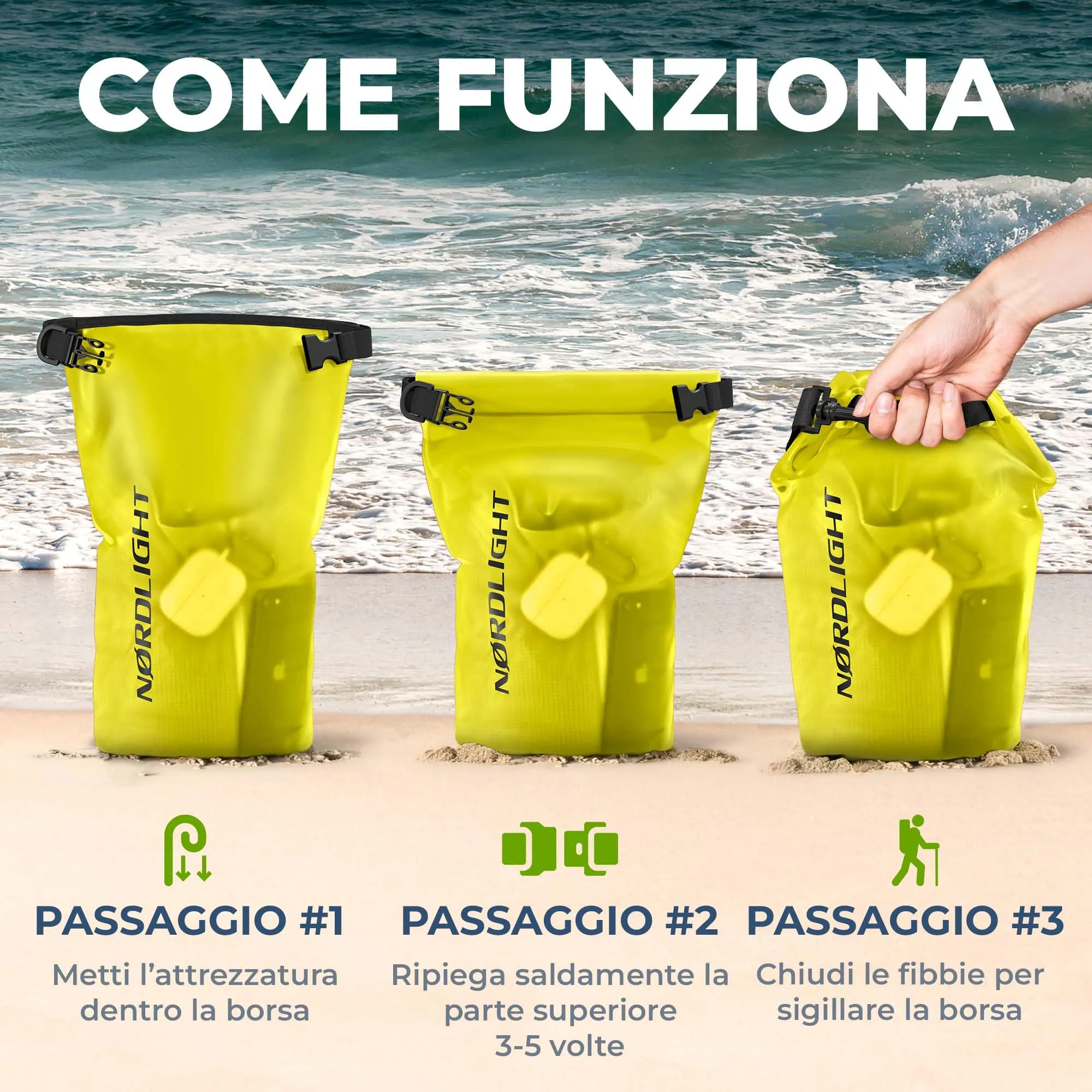 Nordlight Dry Bag Sacca Impermeabile 30L, Giallo - immagine 7