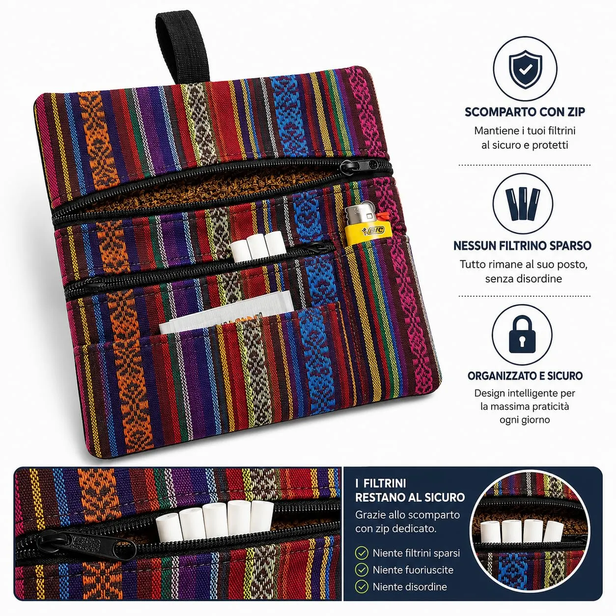 Russo Handmade Portatabacco Artigianale in Tessuto con Doppia Zip, 4 Scomparti, Mélange Rosso - immagine 2