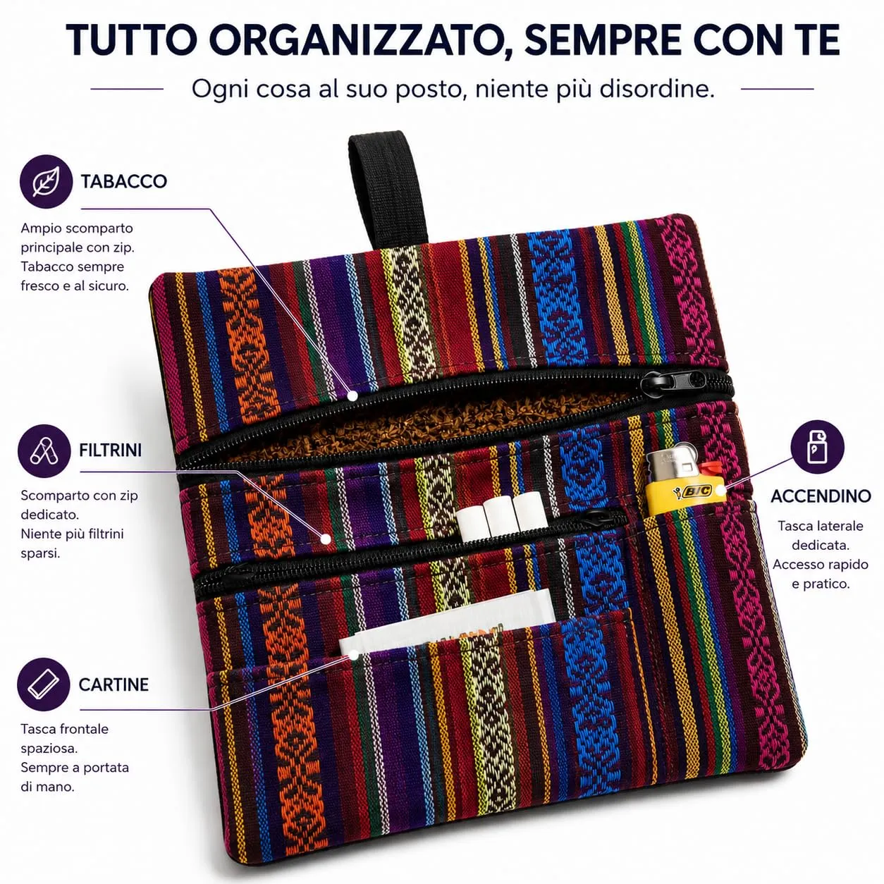 Russo Handmade Portatabacco Artigianale in Tessuto con Doppia Zip, 4 Scomparti, Mélange Rosso - immagine 3
