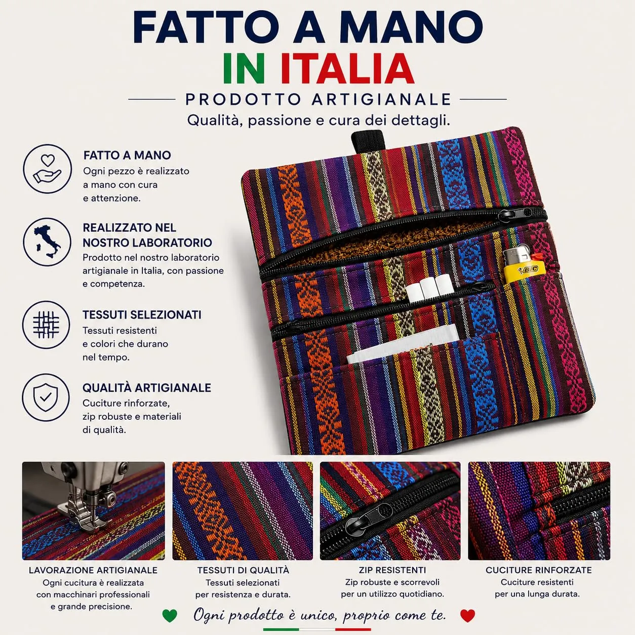 Russo Handmade Portatabacco Artigianale in Tessuto con Doppia Zip, 4 Scomparti, Mélange Rosso - immagine 4